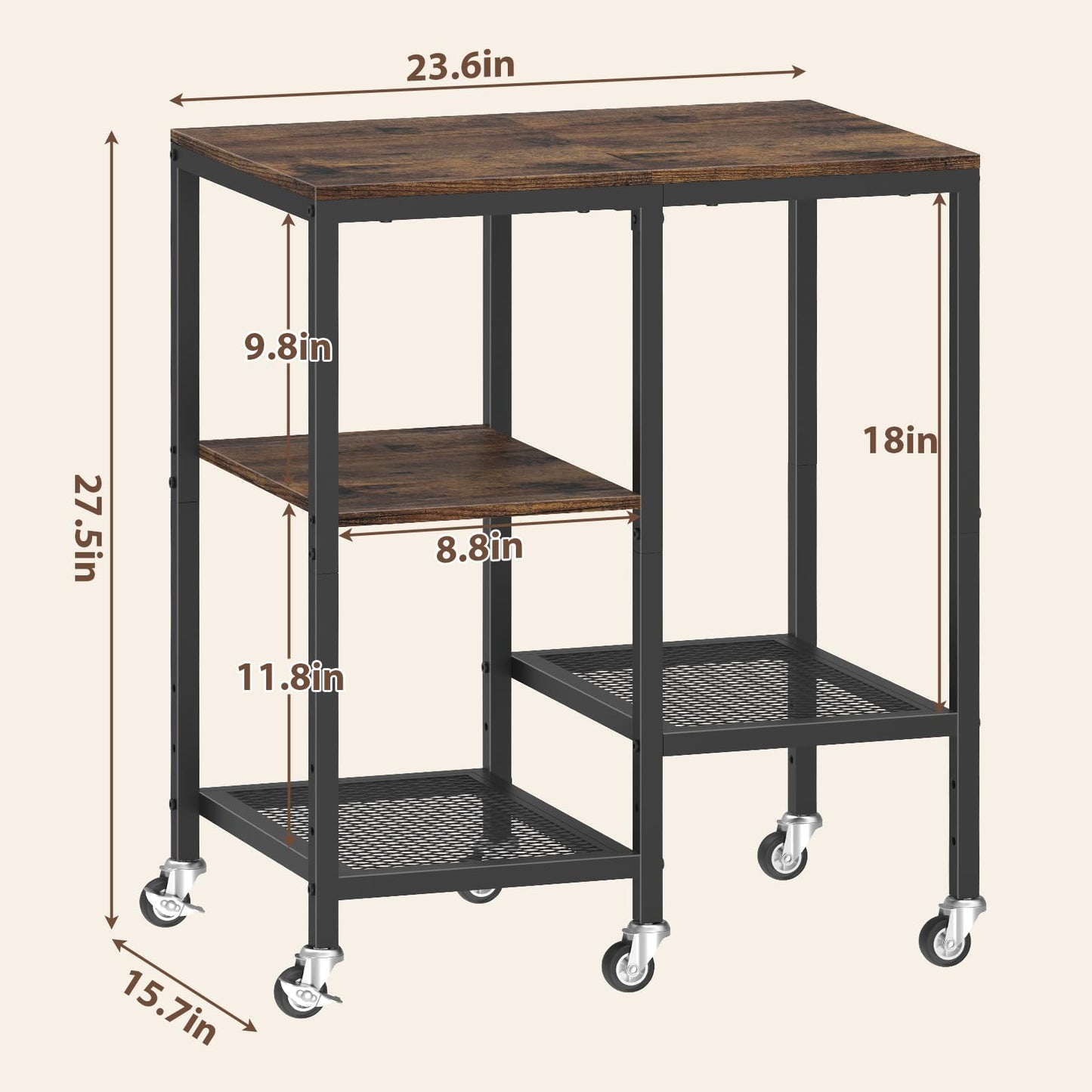 OGEMXU Rolling Kitchen Microwave Cart,4 Tier Microwave Stand,Brown