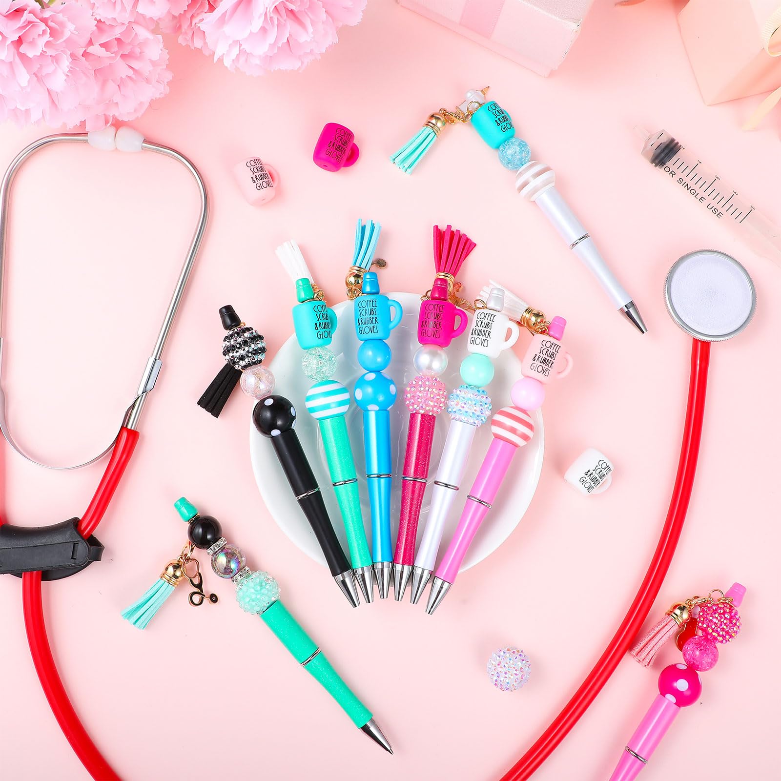Jutom 12 Pcs Nurse Beadable Pens Bulk with 50 Pcs Colorful Beads DIY Making Kit 12 Tassels Pendants