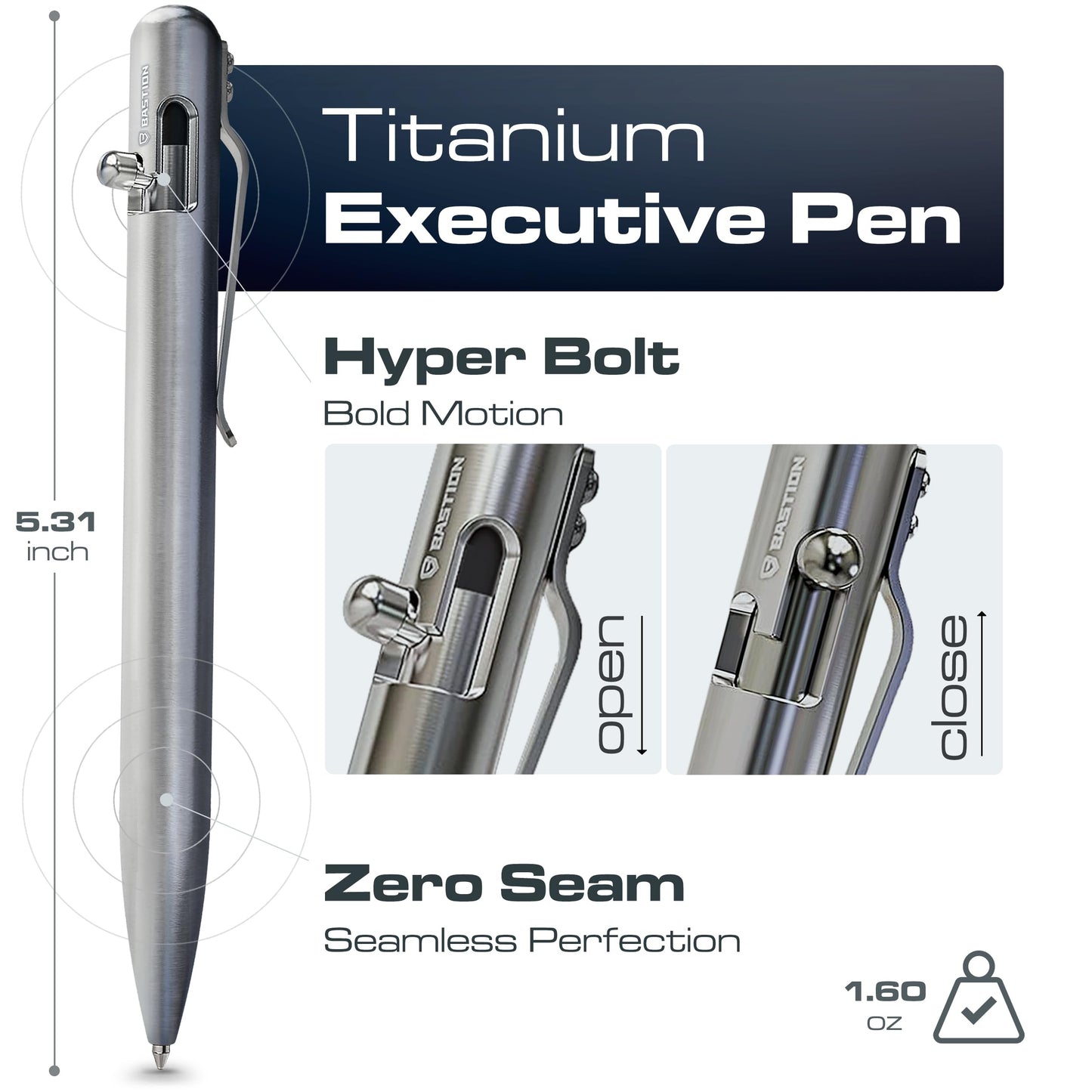 BASTION Bolt Action Pen, Titanium Silver, HyperBolt & ZeroSeam EDC Pen, Refillable Titanium Writing
