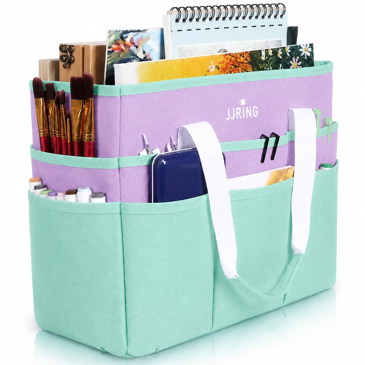 JJRING Craft Organizer Tote Bag Large Art Storage Caddy Green and Purple
