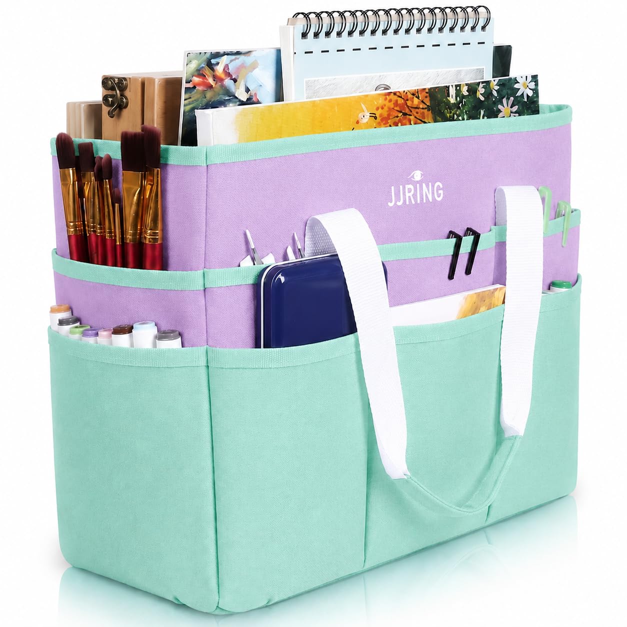 JJRING Craft Organizer Tote Bag Large Art Storage Caddy Green and Purple