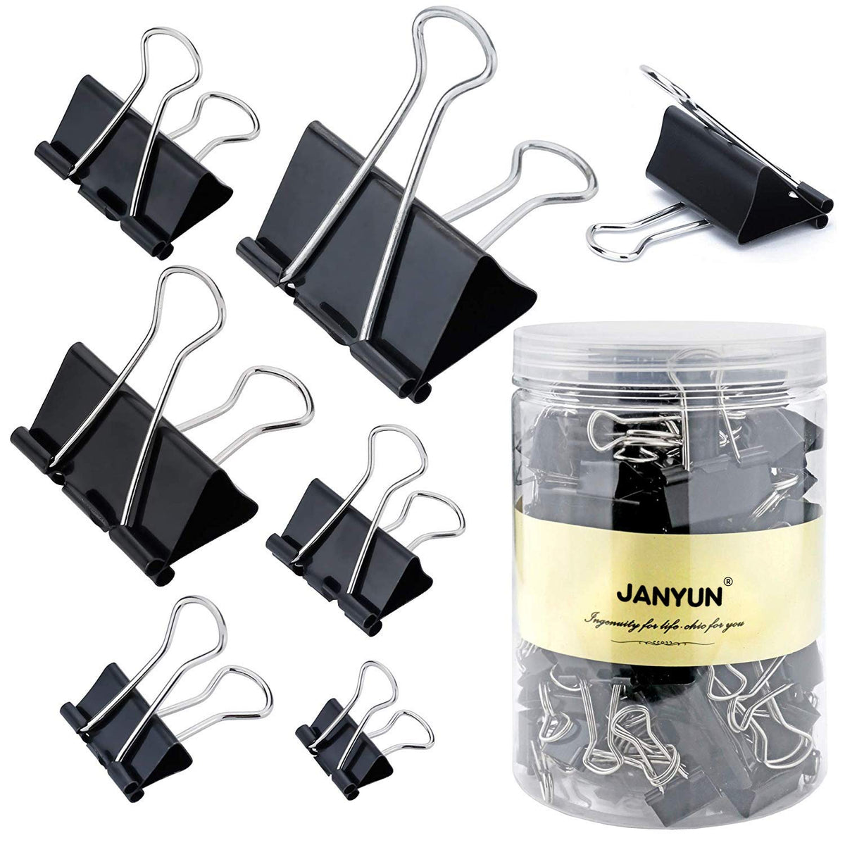JANYUN 150Pcs Large Binder Clips 6 Assorted Sizes Paper Clamps Clip for Paper Metal Clip Office
