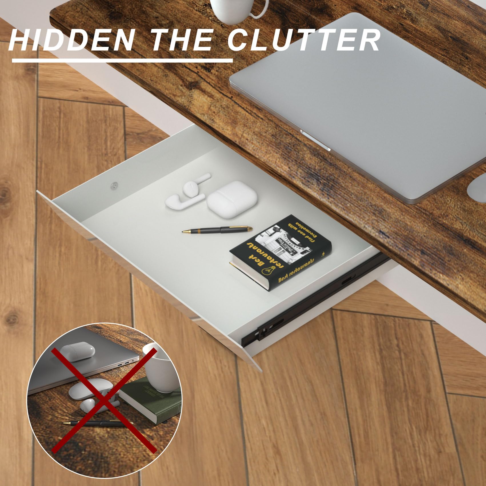 White Under Desk Drawer with Removable Tray, 15.4" Wide 2-in-1 Organizer – 60° Ergonomic Tilt