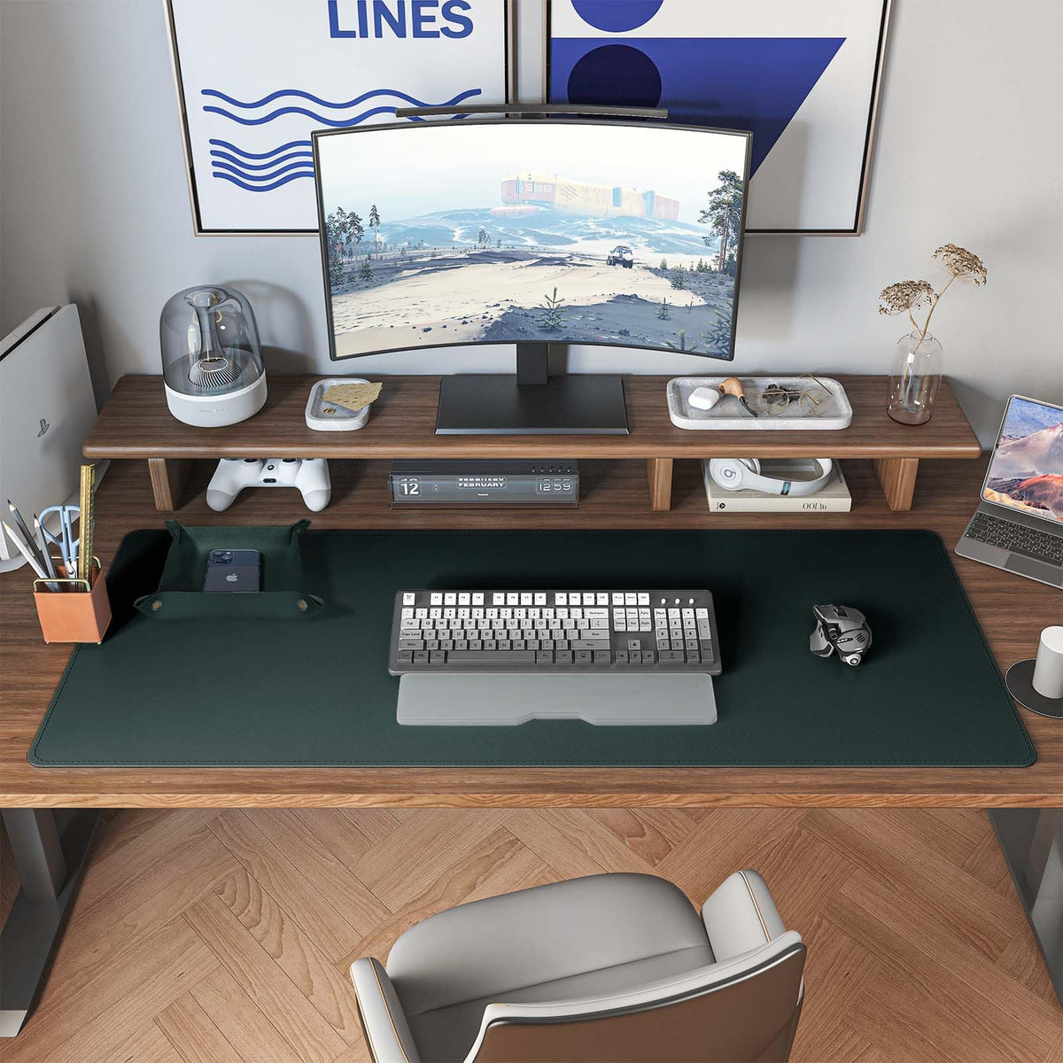 DAWNTREES Dark Green Desk Mat,Leather Desk Pad,40"x16",Cork Desk Mat Protector,with PU Leather