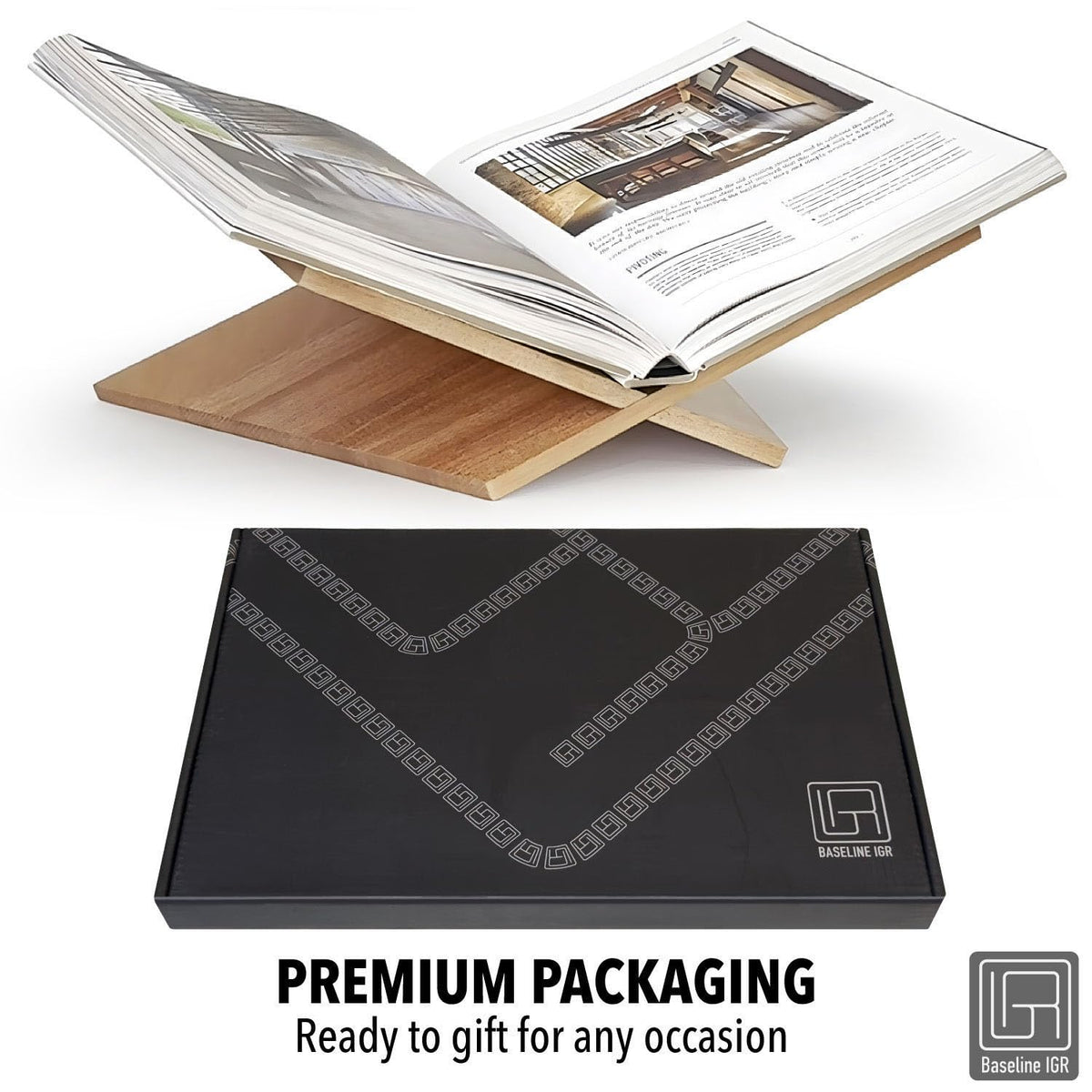 Large Wood Book Stand, 12.5" x 9.5" x 5.5”, Angled Natural Mahogany Wooden Book Holder, Open