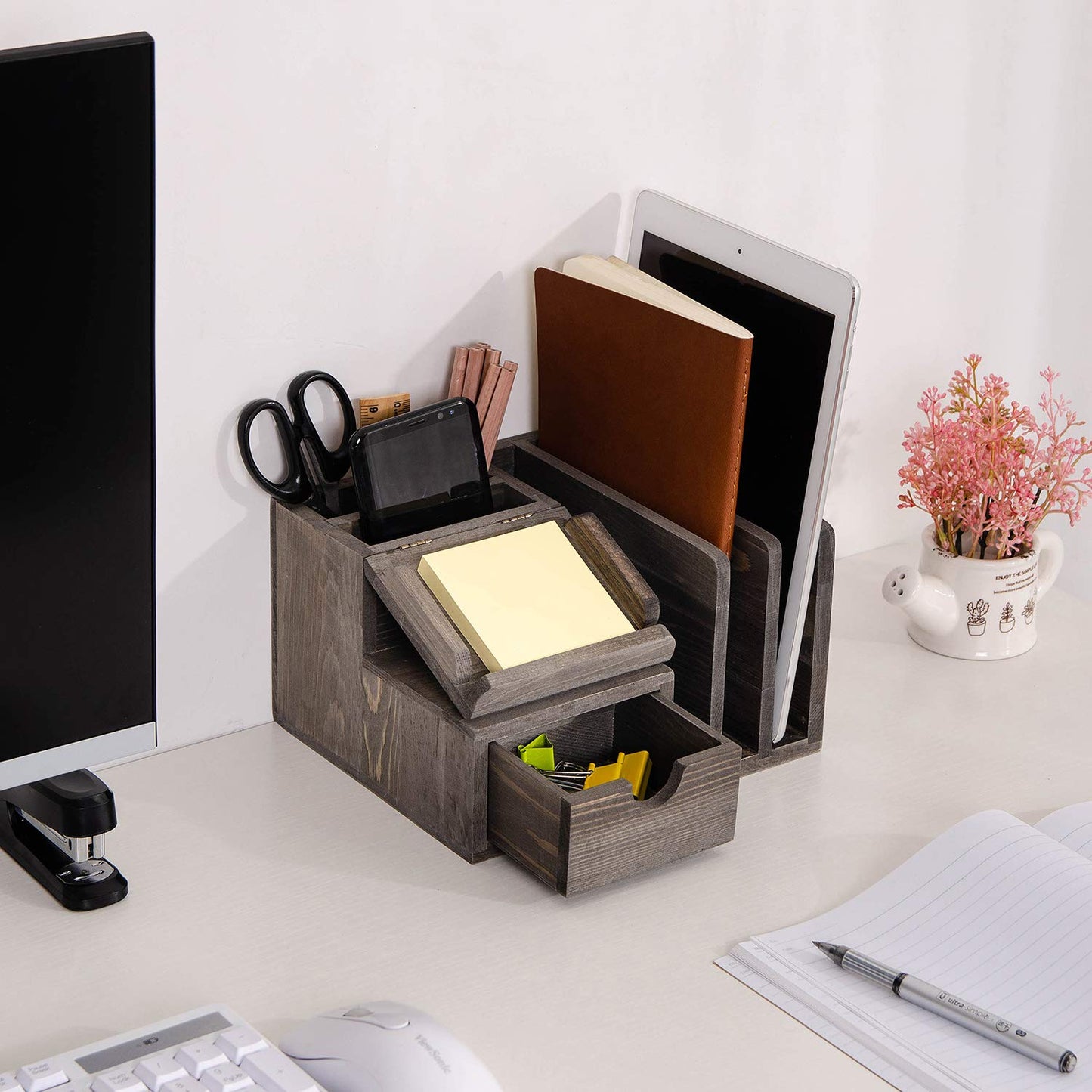 Liry Products Gray Rustic Wood Desk Organizer Storage Cabinet Mail File Paper Sticky Note Memo Pad