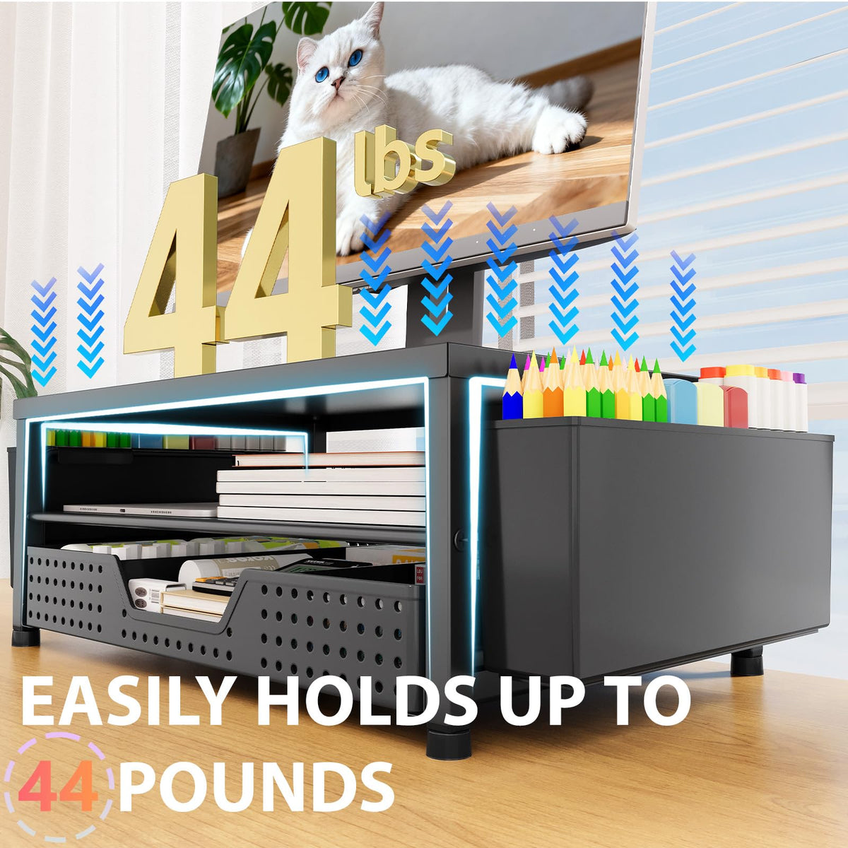 OPNICE Desk Organizers and Accessories, Computer Monitor Stand Riser with Drawer and 2 Pen Holders