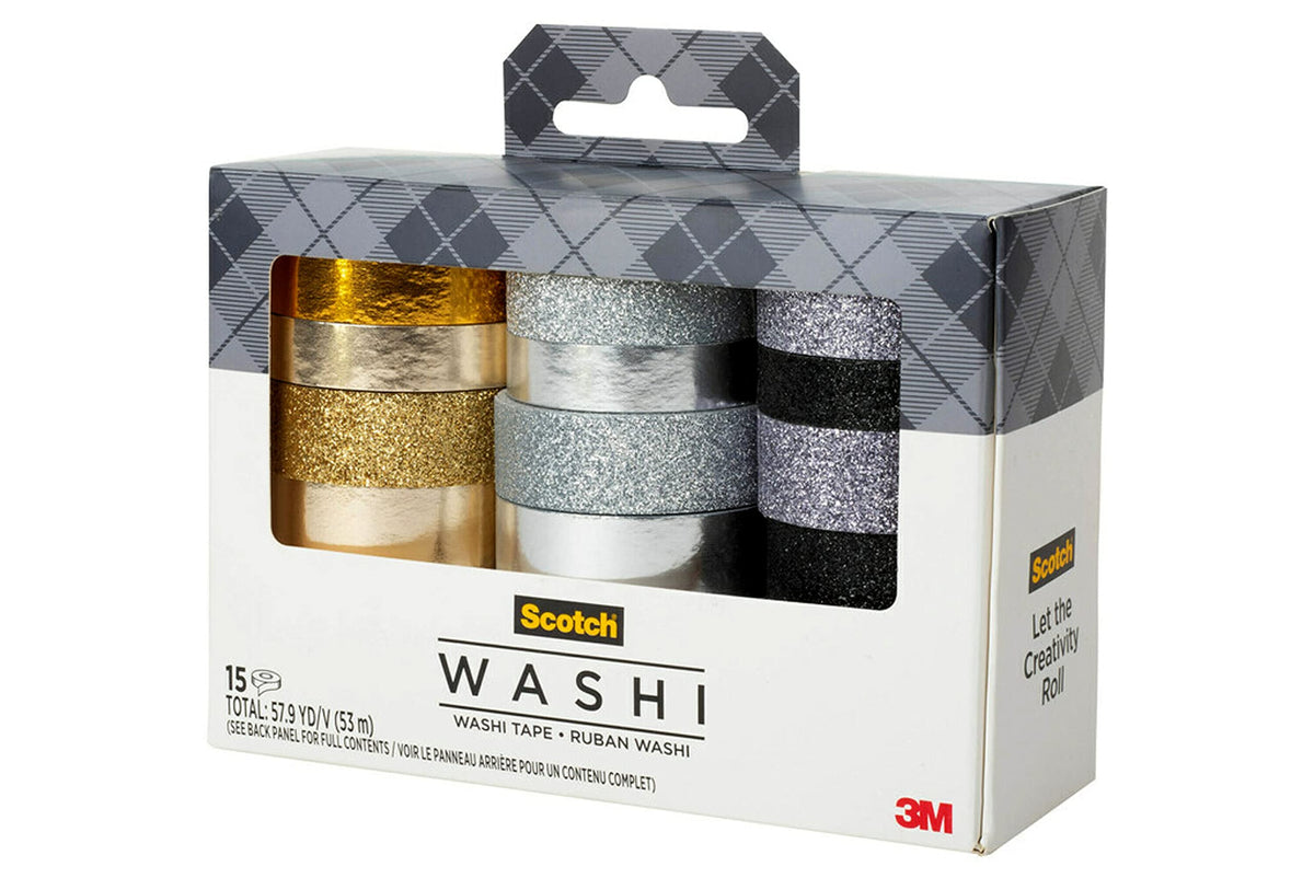 Scotch Washi Tape, Glitter Metallic Design, 15 Rolls, Great for Bullet Journaling, Scrapbooking and