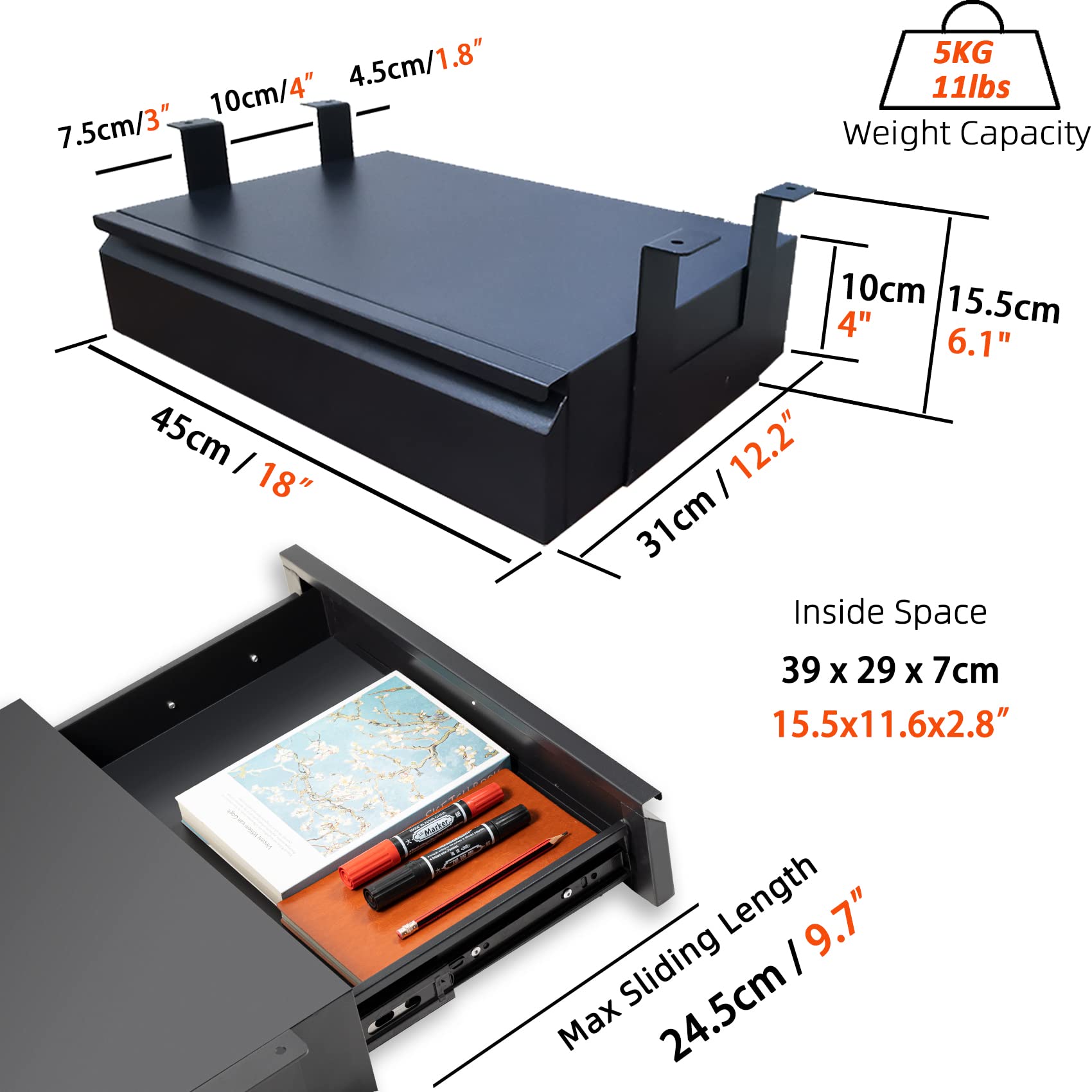OSteed Under Desk Drawer 18”, Under Workbench Tool Storage Hanging Drawers