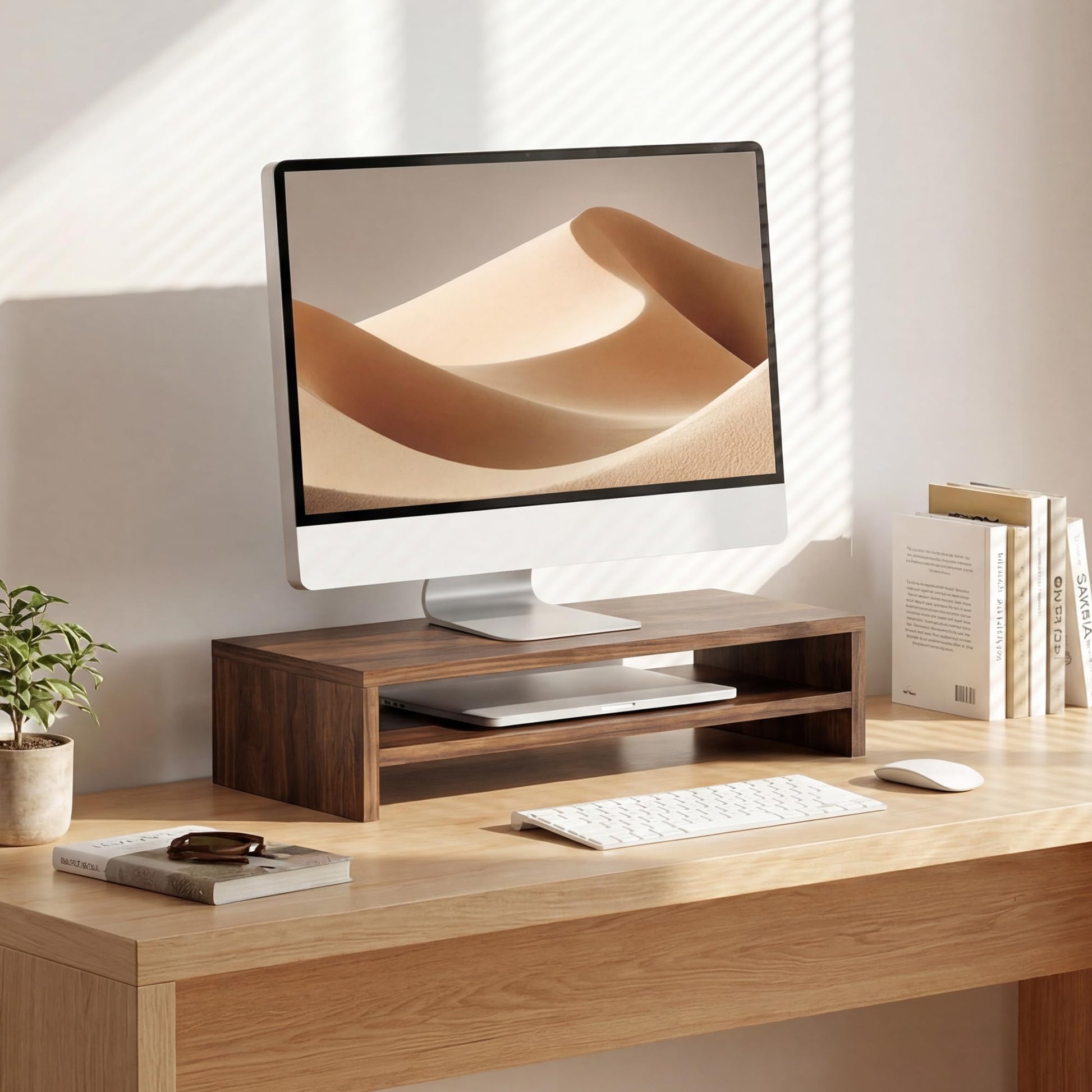 FITUEYES Wooden Monitor Stand Riser, 2-Tier Desk Storage Shelf, Brown