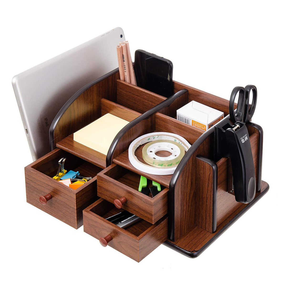 Liry Products Brown Wooden Desk Organizer Multiple Compartments 3 Drawers Slots 2 Shelves Racks