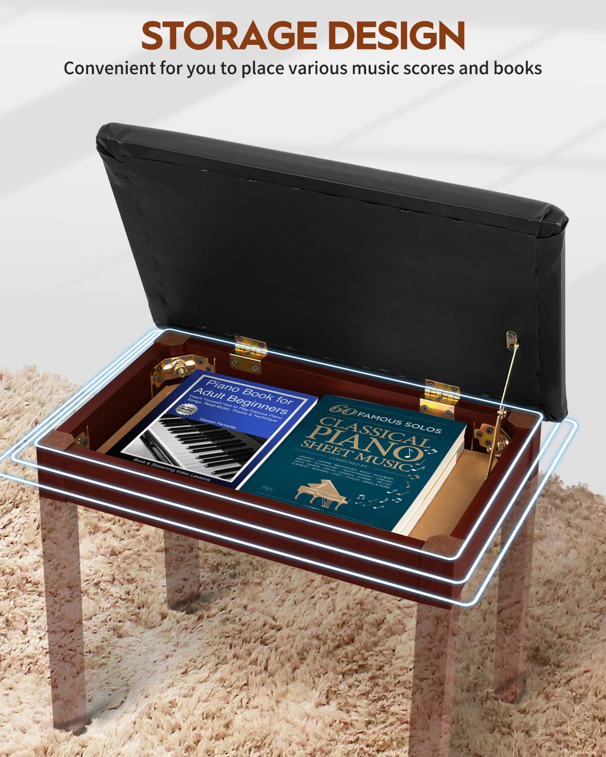 STRICH Piano Bench with Storage, Solid Wood Keyboard Bench Piano Bookcase Stool Chair Seat with