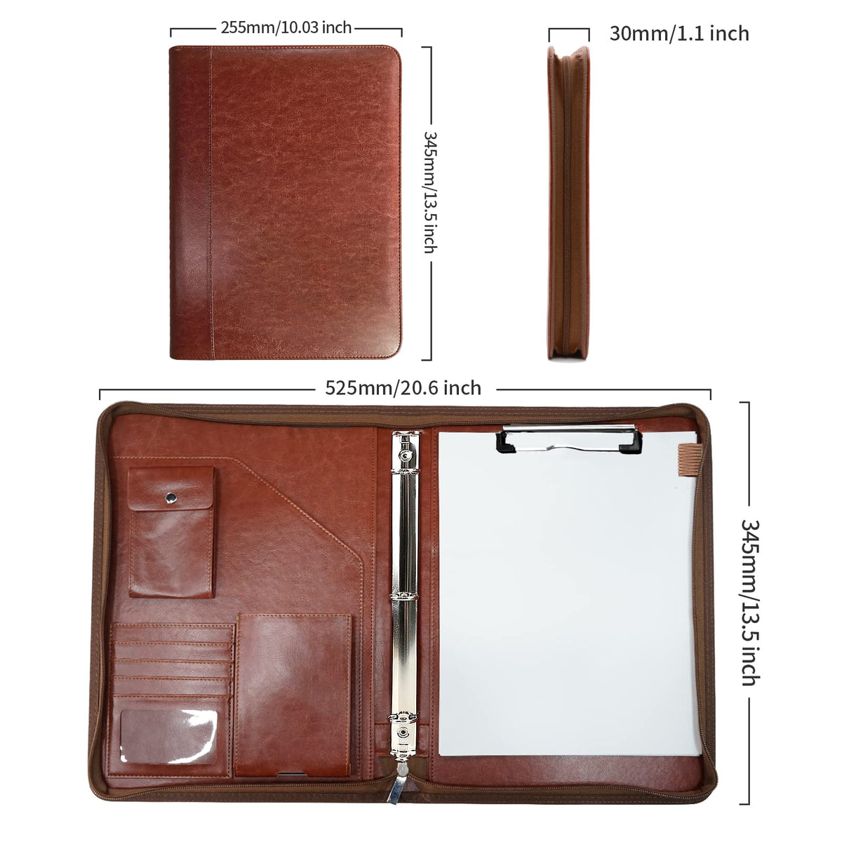 WRIYES Zippered Portfolio Organizer with 3 Ring Binder, Brown