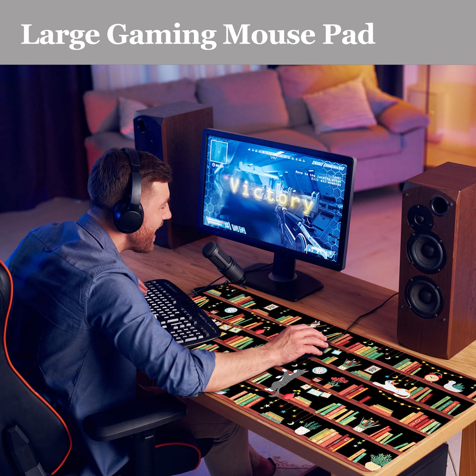 Bookshelf Cat Teacher Desk Pad, Mouse Pad Office Accessories, 31.5×15.7