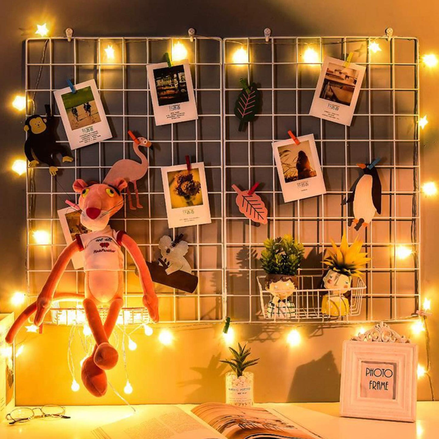 GBYAN 2 Pack Large Wall Grid Panels with Light and Clips, Photo Display Board, Picture Frame