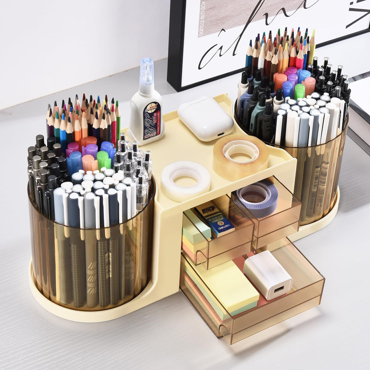 KLIONGO Rotating Desk Organizer with 2 Pen Holder, Desk Organizers and Accessories with 10 Slots