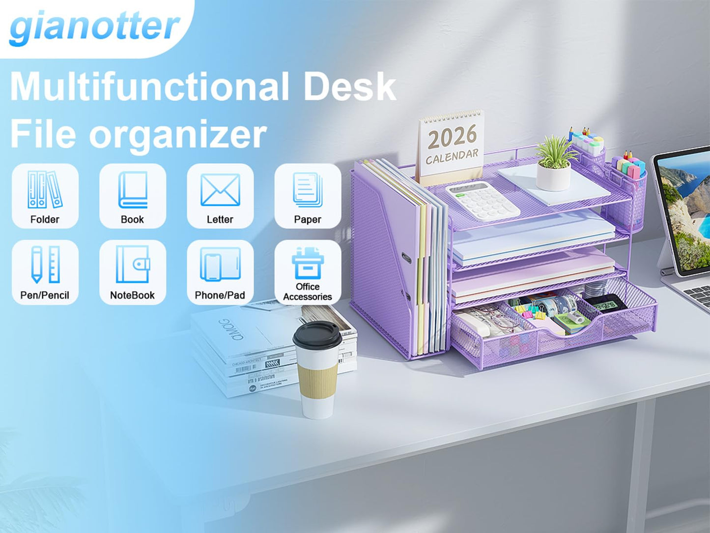 gianotter Desk Organizers and Accessories with File Holder, 4-Tier Desk Accessories & Workspace