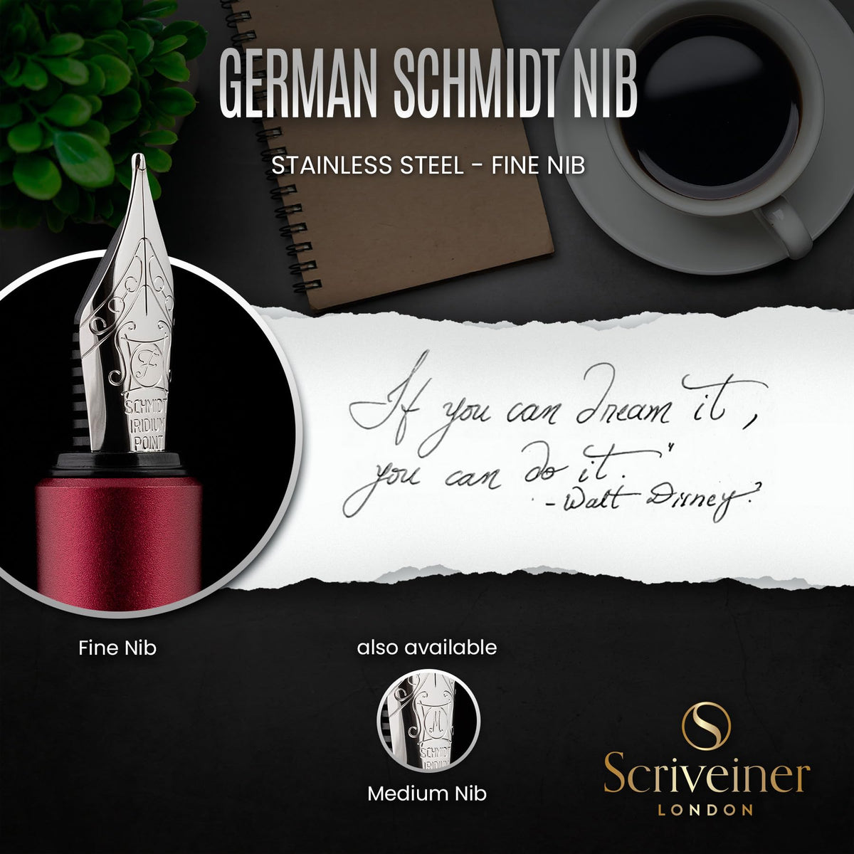 Scriveiner Luxury EDC Fountain Pen (Fine), Stunning Matt Red Pocket EDC with Chrome Finish, Schmidt