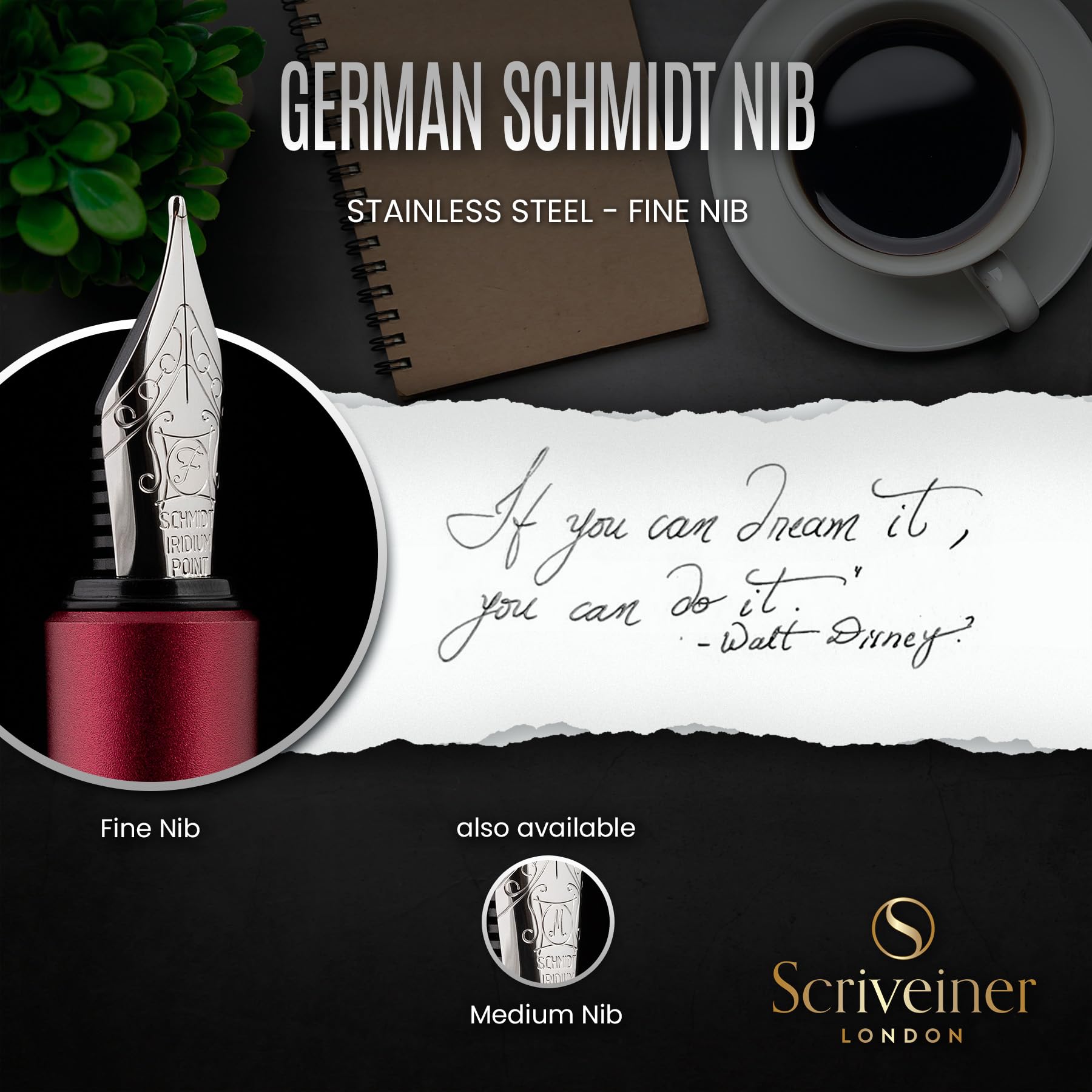 Scriveiner Luxury EDC Fountain Pen (Fine), Stunning Matt Red Pocket EDC with Chrome Finish, Schmidt