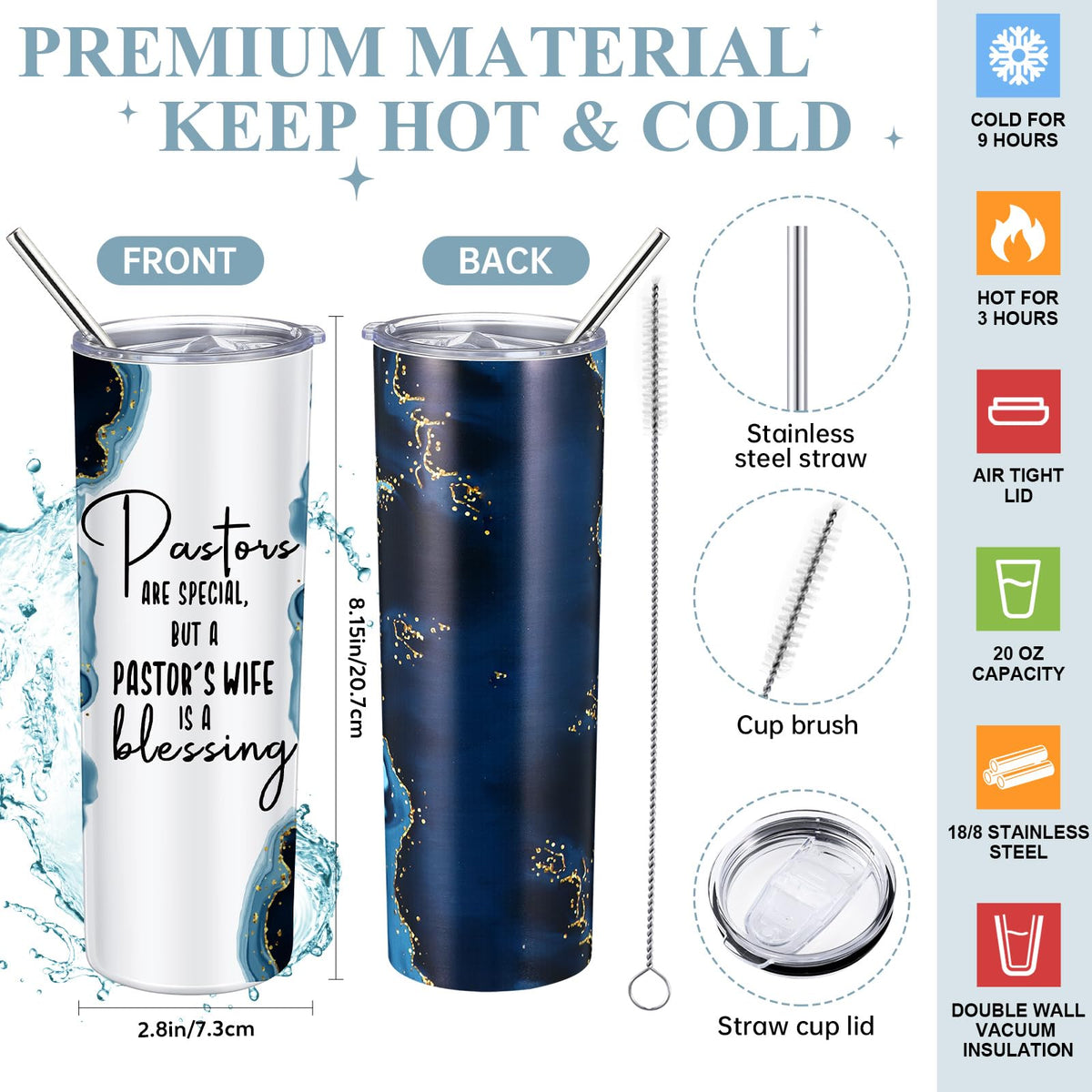Watersay 6 Pcs Pastor's Wife Appreciation Gifts 20oz Marble Tumbler, Blue