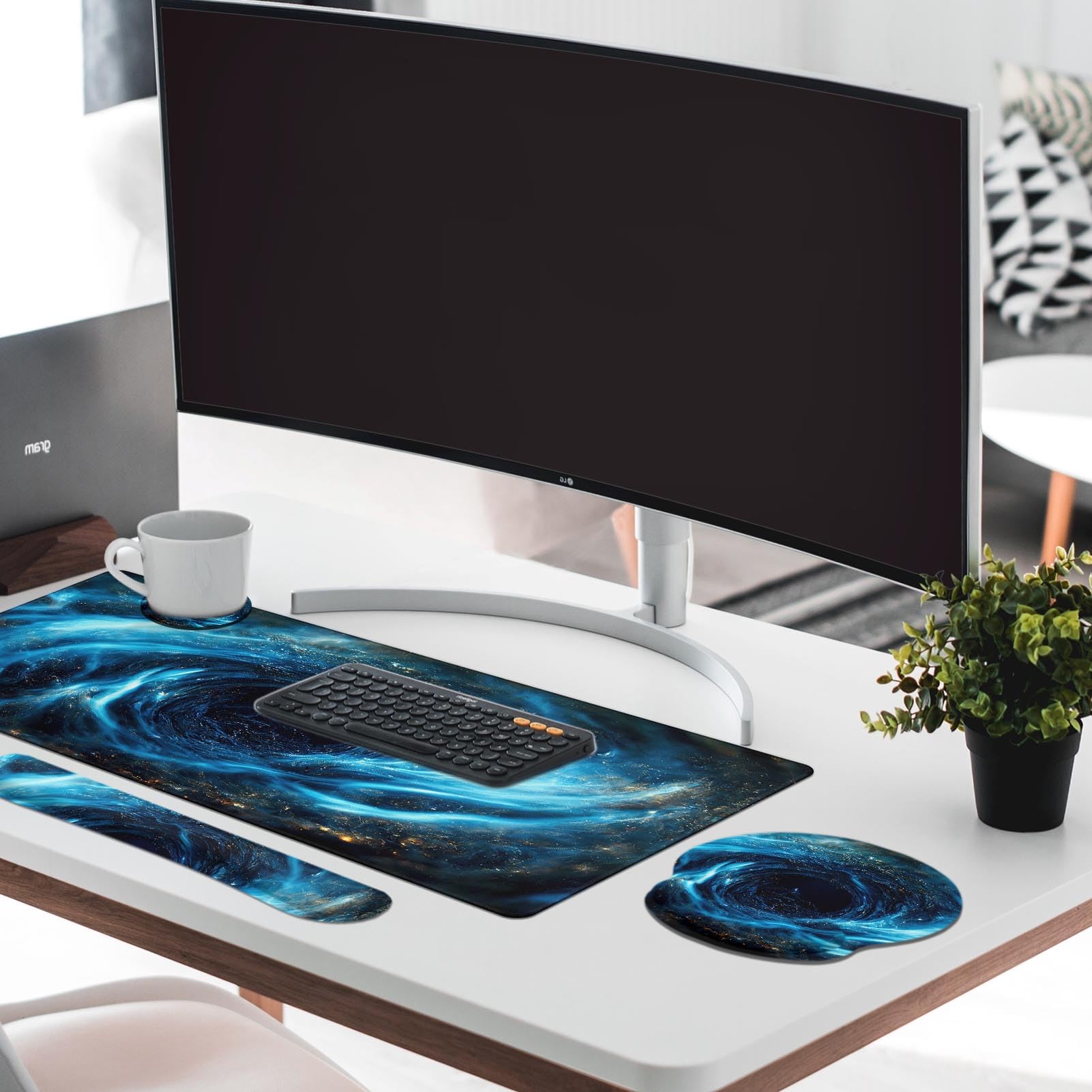 Britimes Keyboard Mouse Pad Set, 4 in 1 Desk Mat Set, Blue Black Galaxy