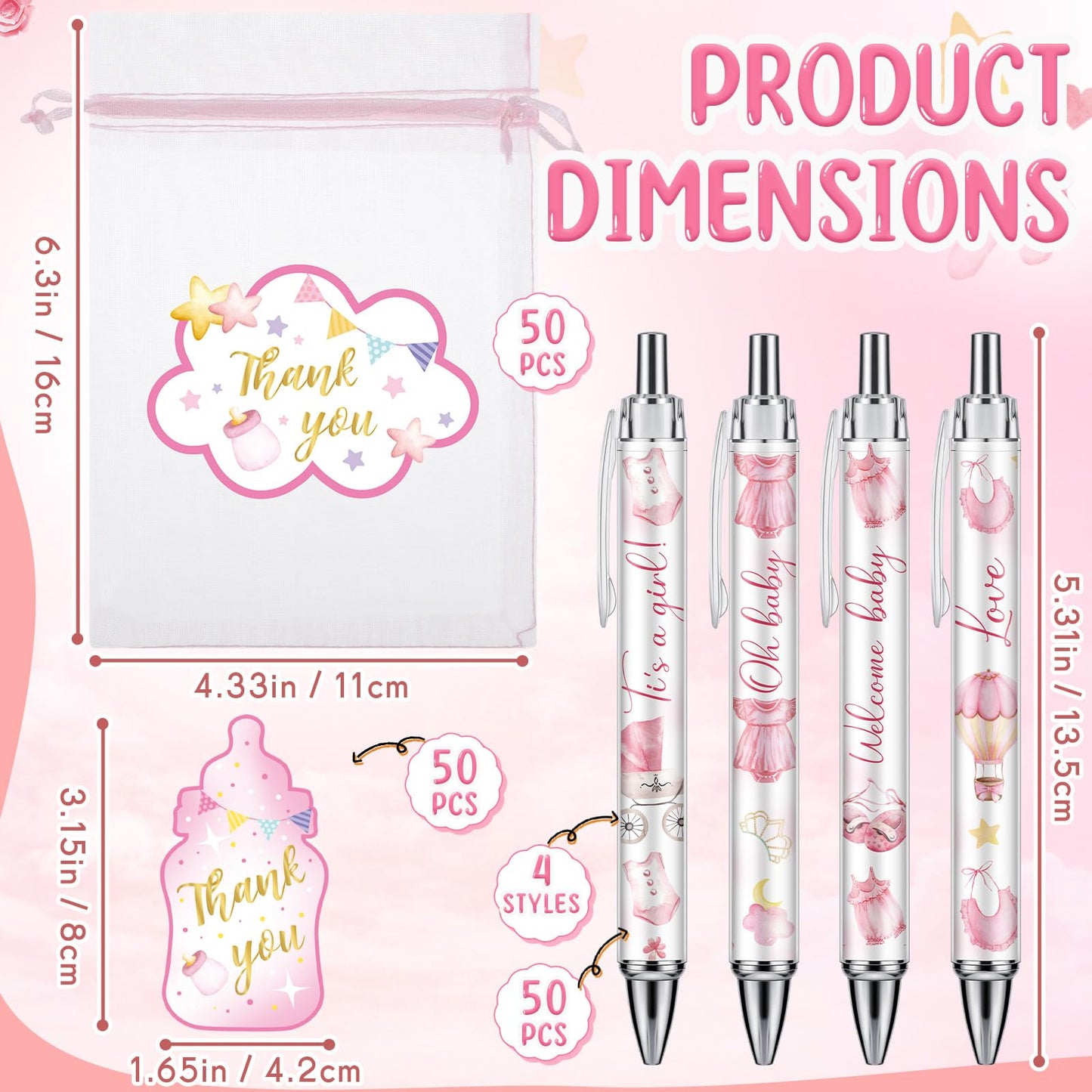 Chuangdi 50 Sets Pink Baby Shower Favors for Guests – 50 Ballpoint Pens with Organza Gift Bags &