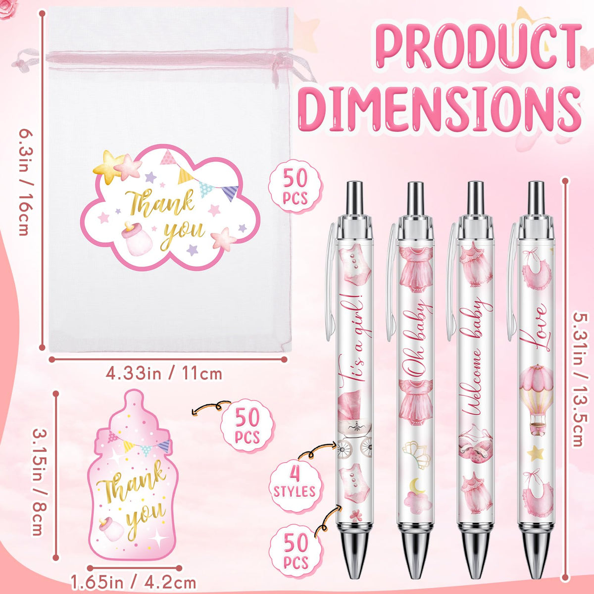 Chuangdi 50 Sets Pink Baby Shower Favors for Guests – 50 Ballpoint Pens with Organza Gift Bags &