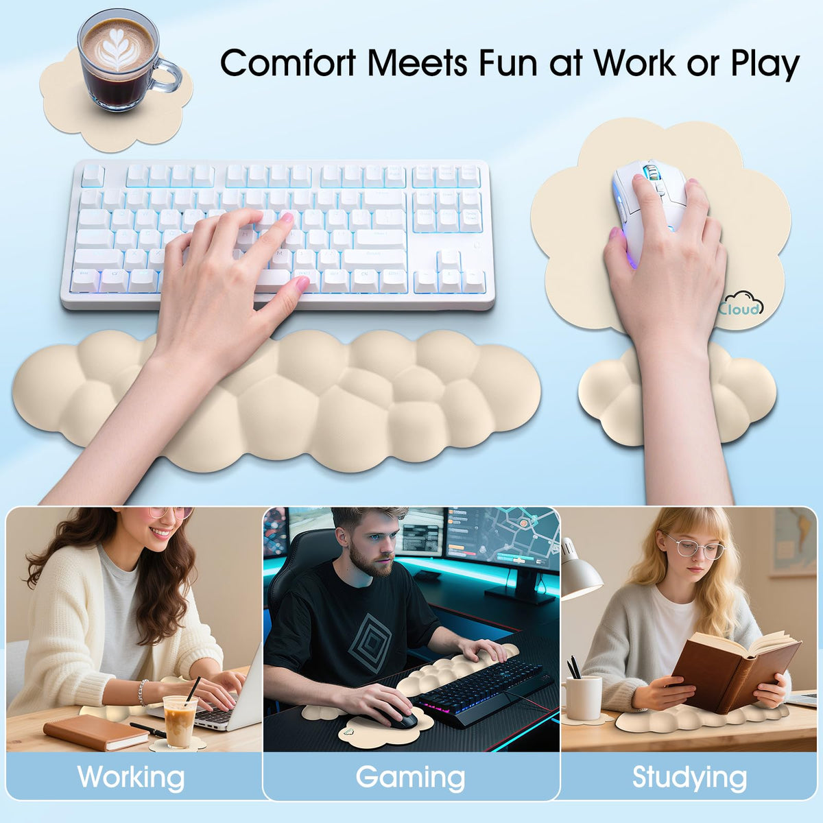 Retuhapy Cloud Wrist Rest Keyboard Cushion and Cloud Mouse Pad, Beige