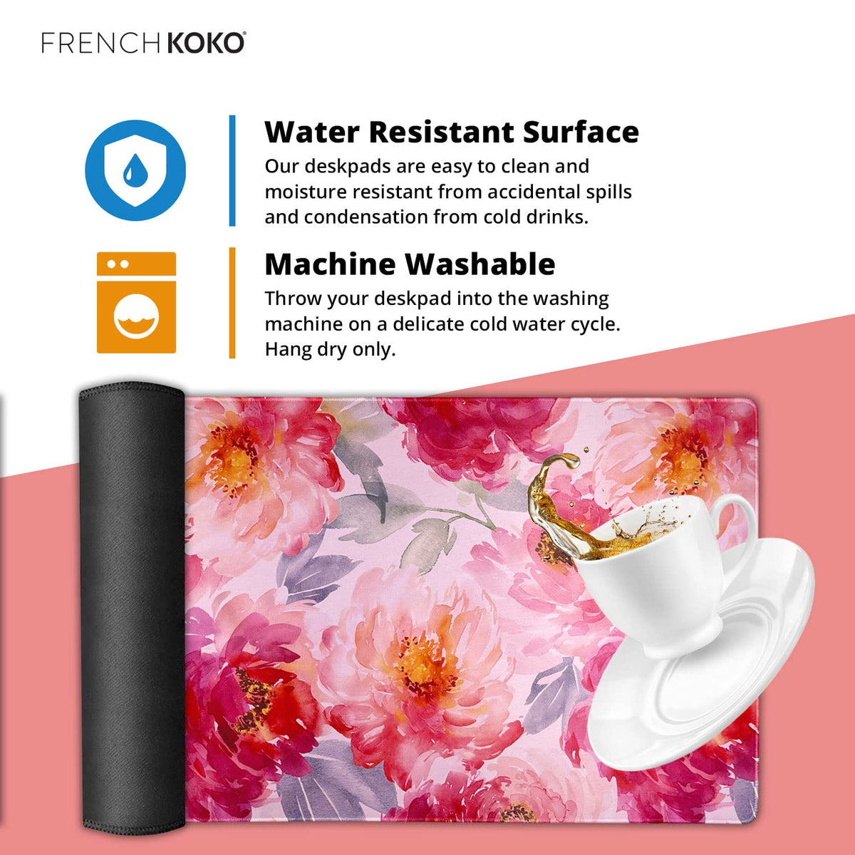 French KOKO Large Mouse Pad Desk Mat 15" x 30" – Extended Floral Desk Protector for Keyboard &