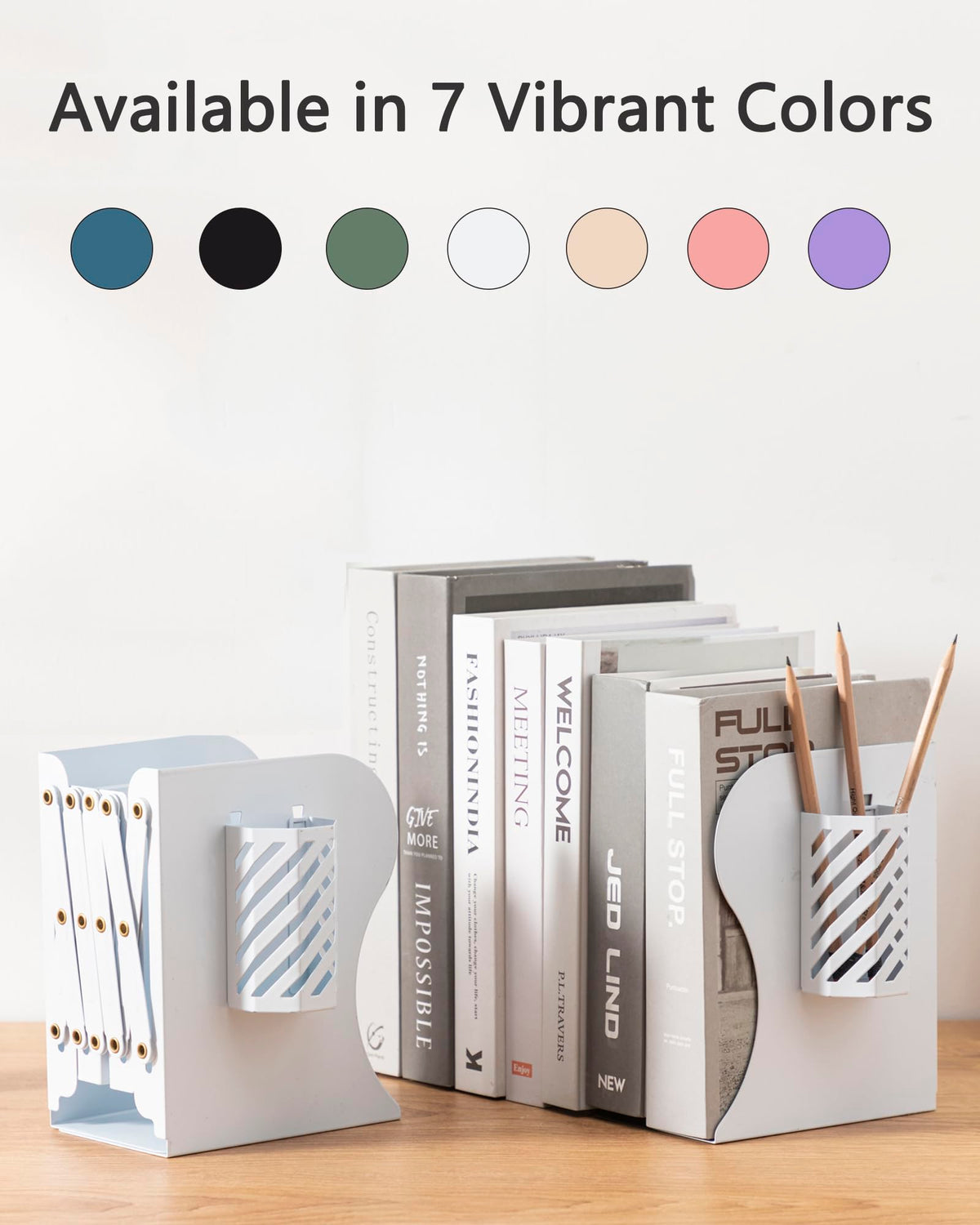 Kingsmile Book Ends, Adjustable Heavy Duty Metal Book Stoppers with Pen Holder for Desk Office