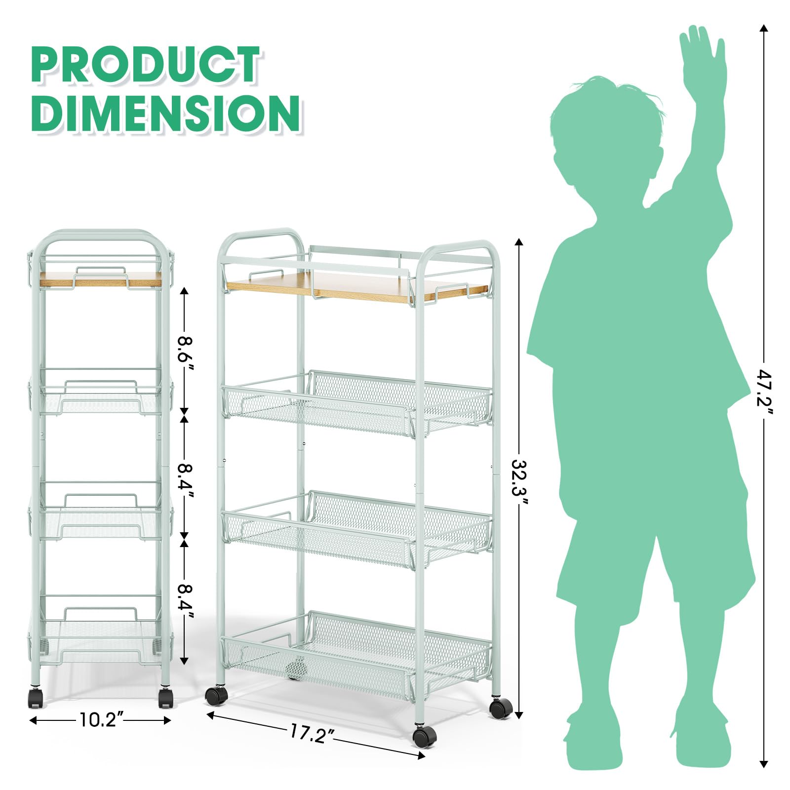 TOOLF 4-Tier Rolling Cart, Metal Utility Cart, Slide Out Storage Cart with Wooden Tabletop and Mesh