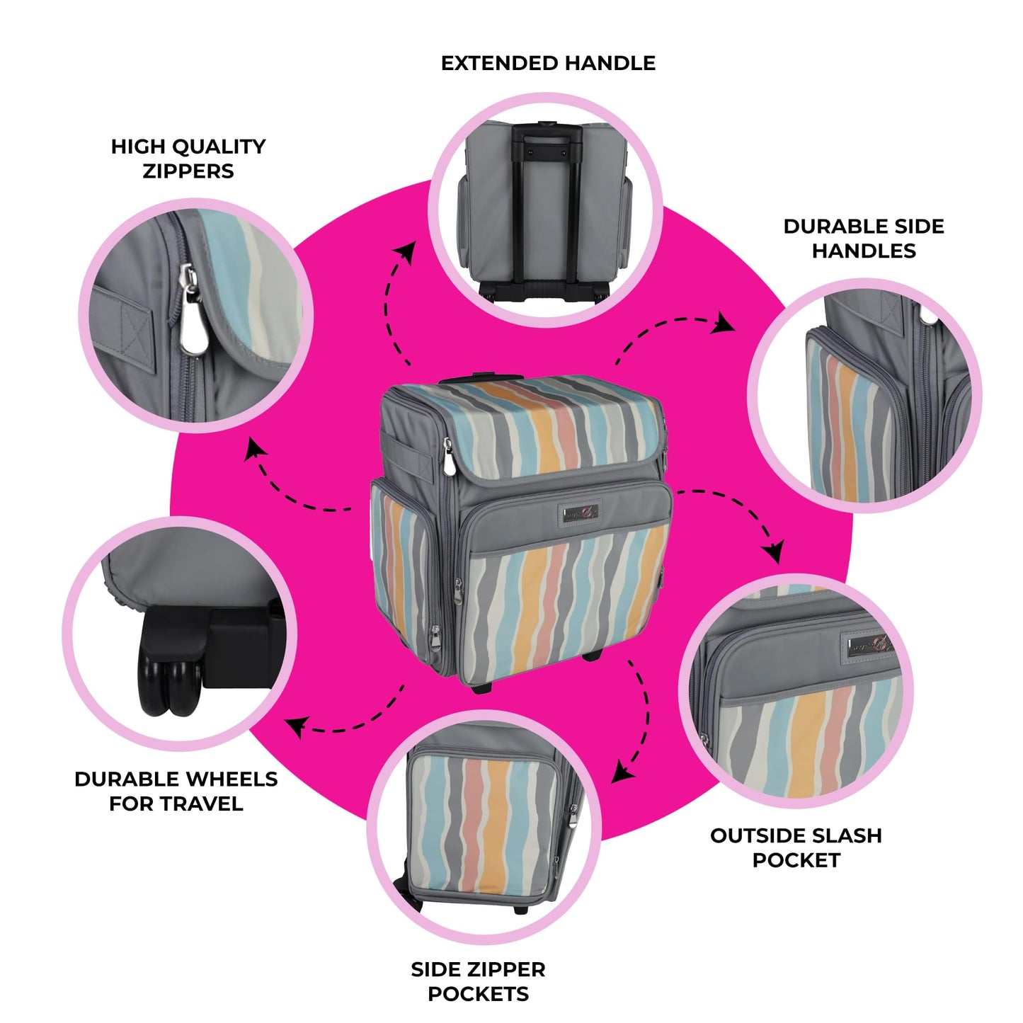 Everything Mary Rolling Scrapbook Tote – Grey Stripes Craft Bag with Wheels – Portable Storage