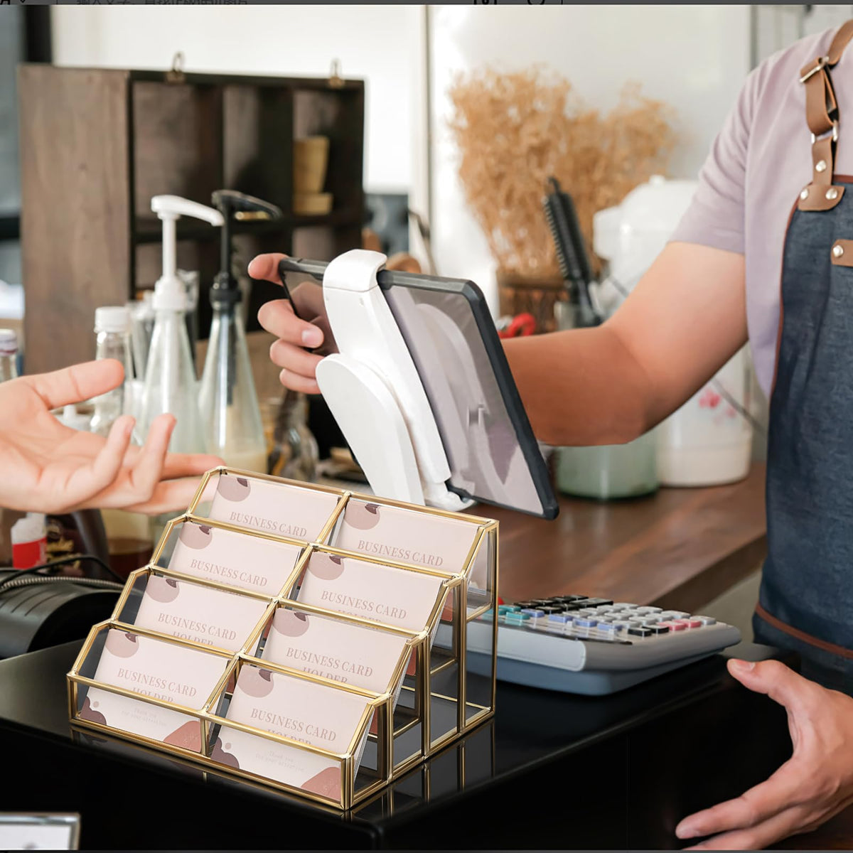 Hipiwe Mirrored Glass Business Card Holder 8-Slot Gold Card Display Stand