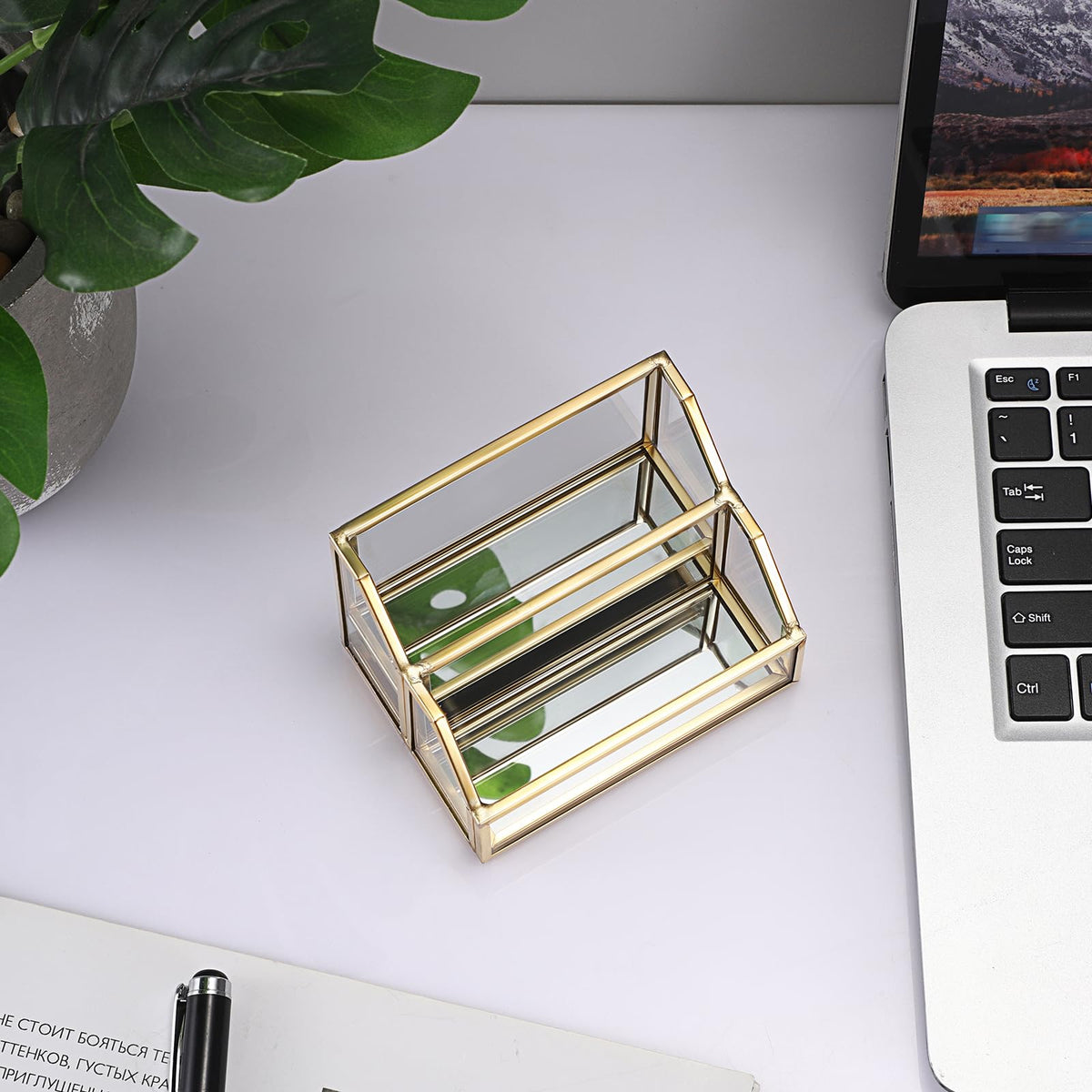 Hipiwe Glass Business Card Holder for Desk 2 Slots Gold Name Card Stand