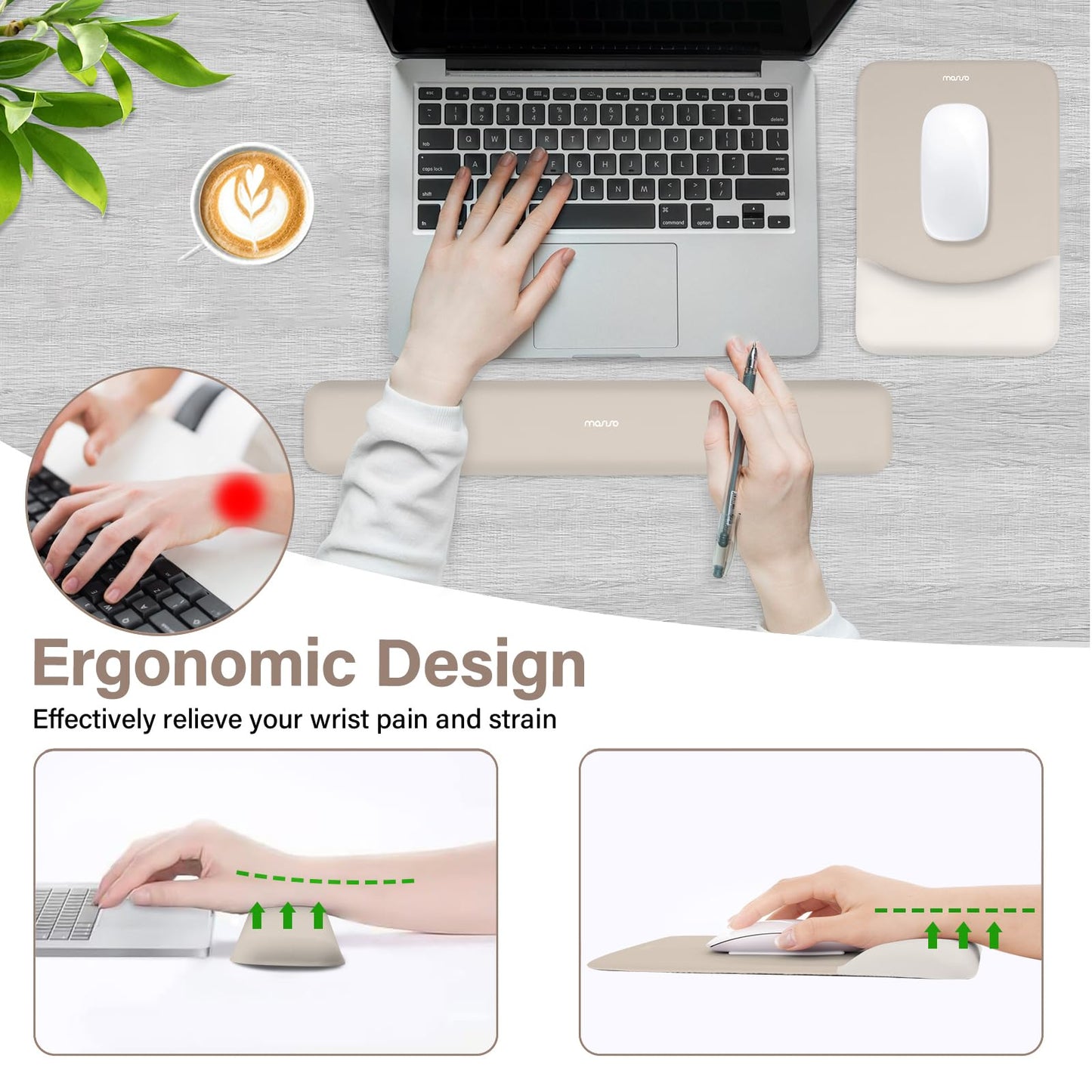 MOSISO Wrist Rest Support Mouse Pad & Keyboard Set, Stone Gray