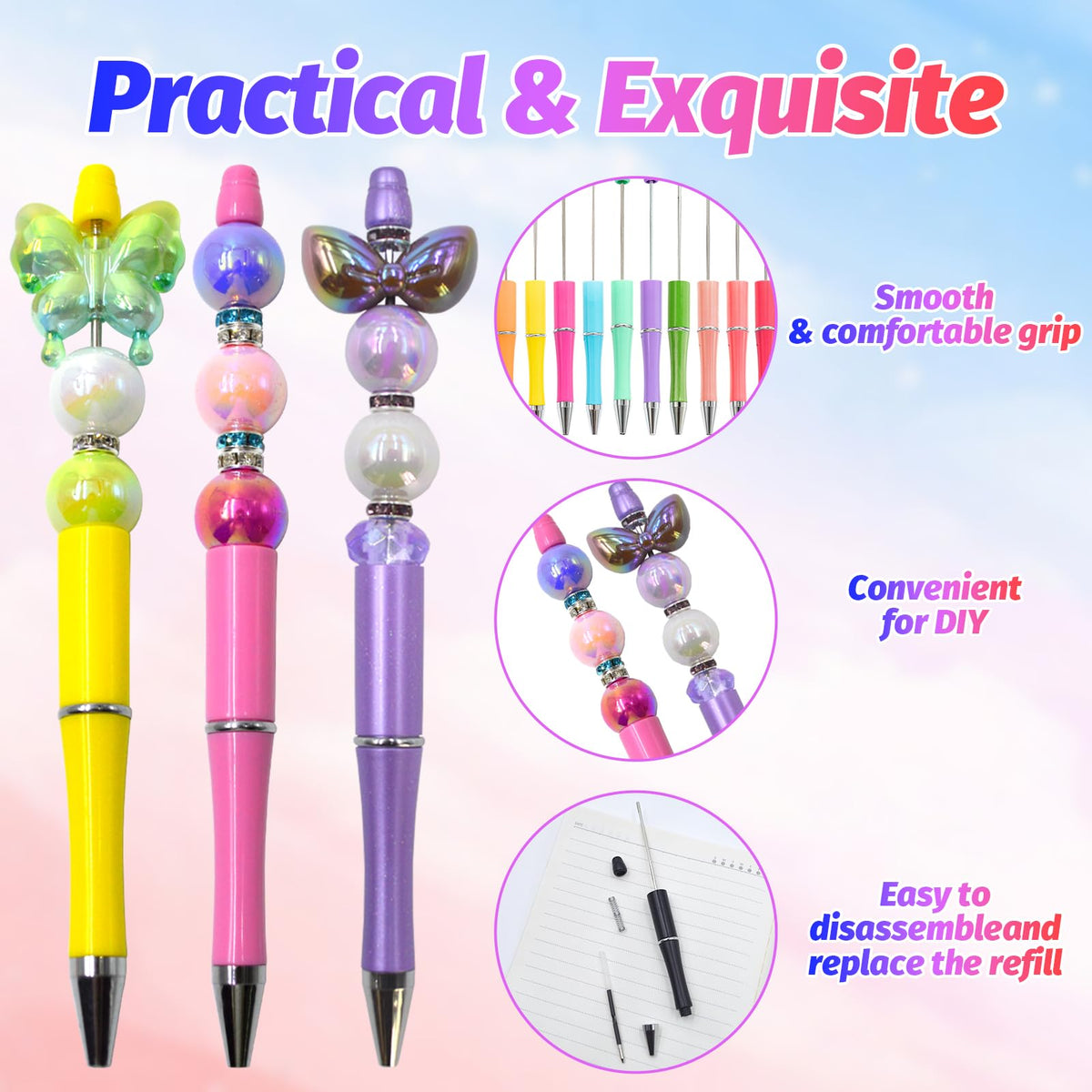 DASTTUIS 300 Pieces DIY Beadable Pens Kit - 100 plastic Beadable Pens Bulk, Refills & pen bags