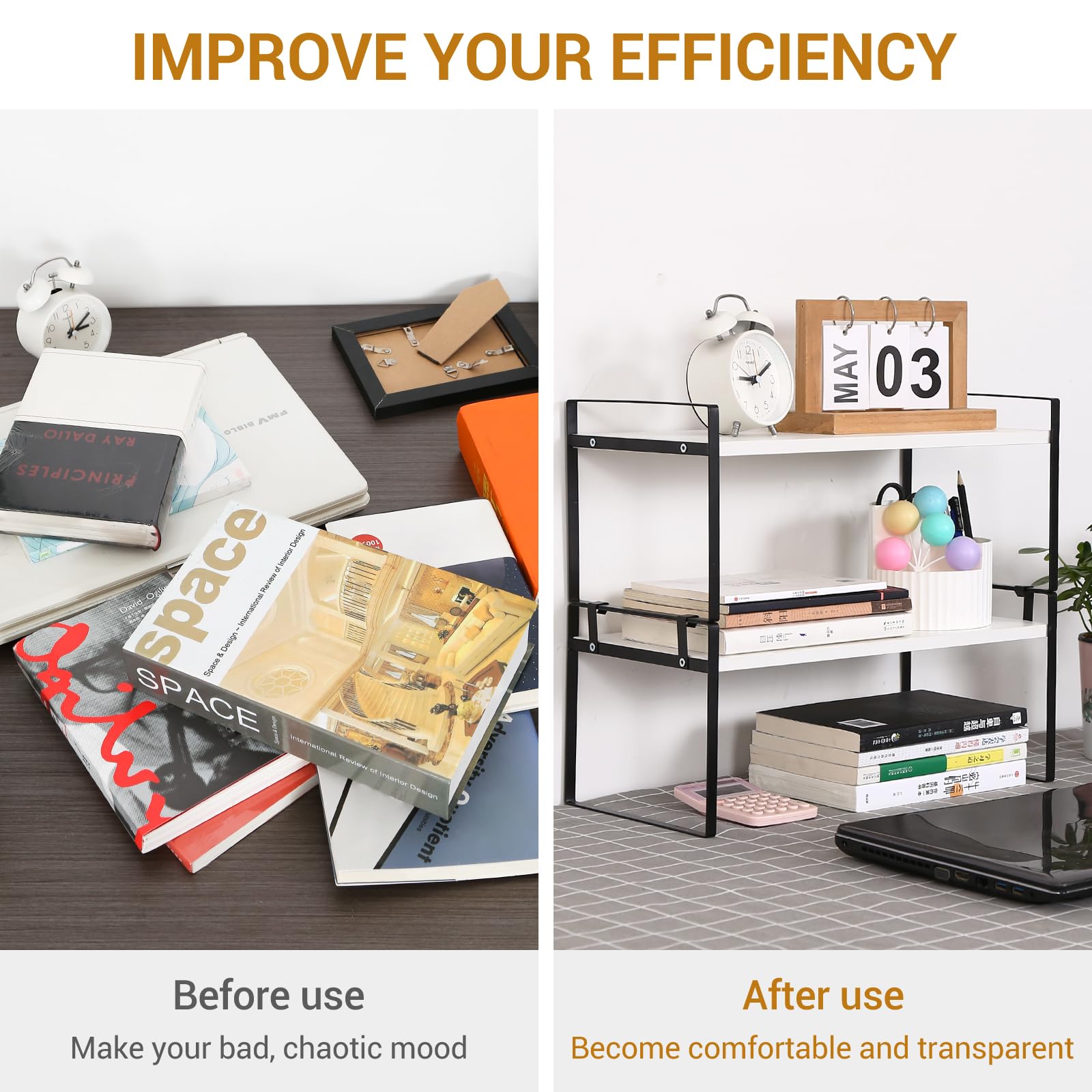 YGYQZ Desk Shelf Organizer, 2-Tier Desktop Bookshelf, Black & White