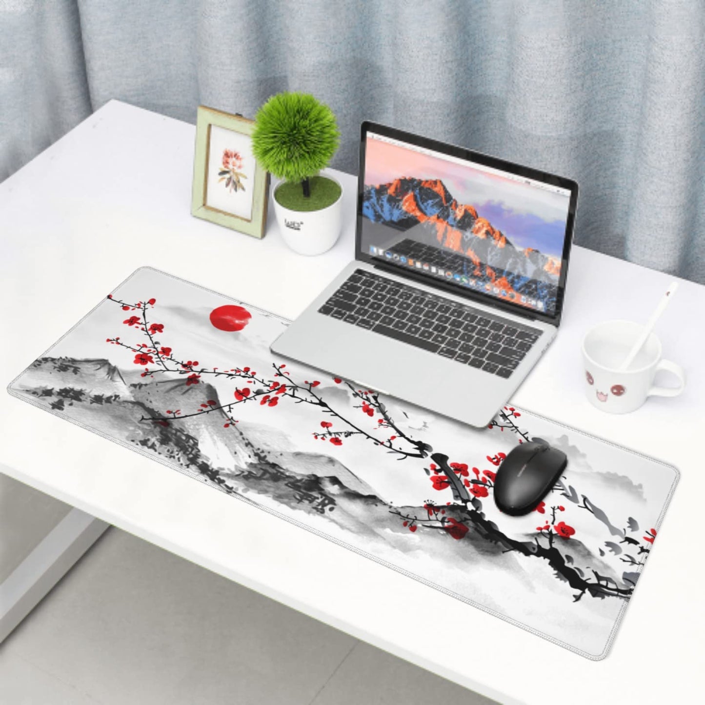 Watercolor Japanese Cherry Blossom Mouse Pad 31.5 X 11.8 Inch XL Red Floral Design Extended Gaming