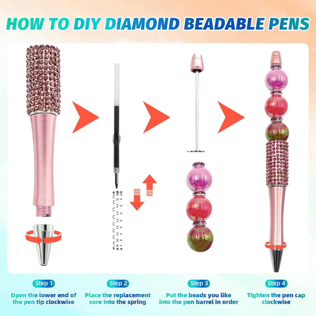 DASTTUIS 75 Pcs DIY Diamond Beadable Pen Kit - 25 Plastic Rhinestone Beaded Pens Bulk with Refills