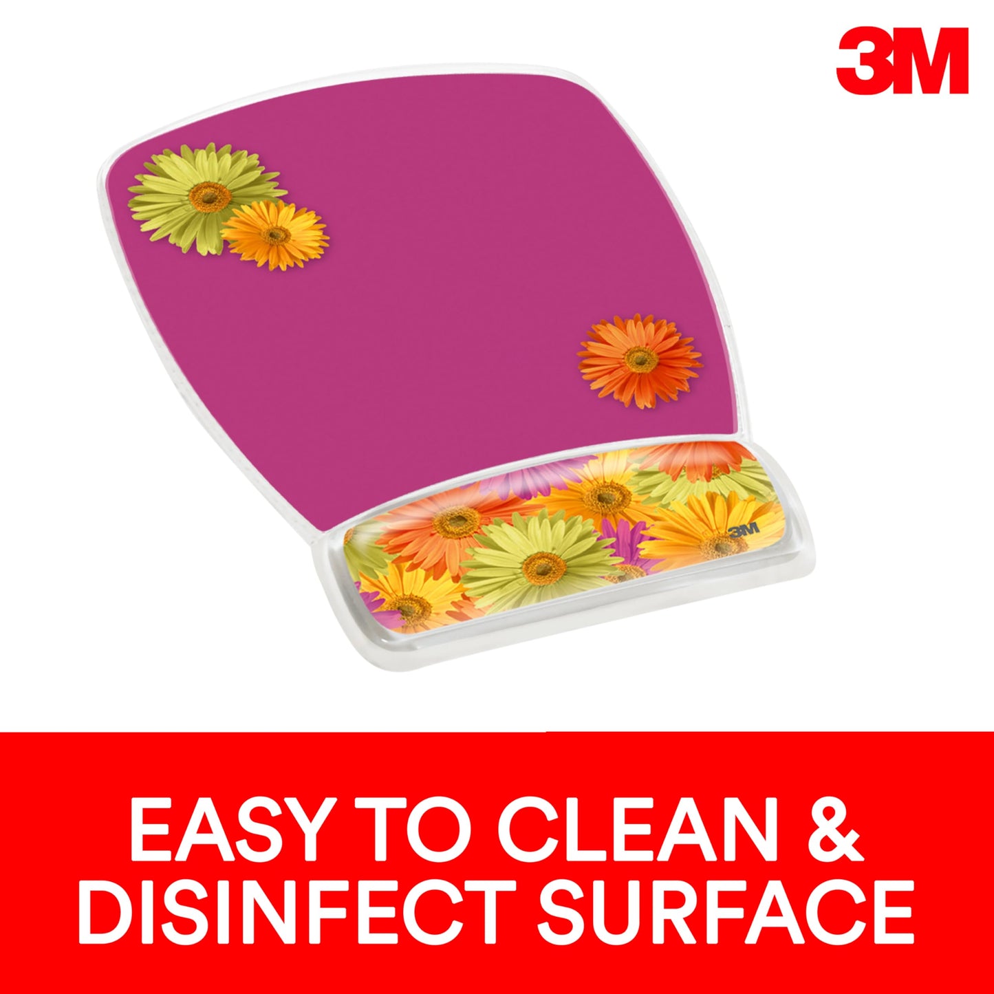 3M Gel Mousepad Wristrest, Clear Gel Daisy Design, 6.8 x 8.6 x 0.75 in