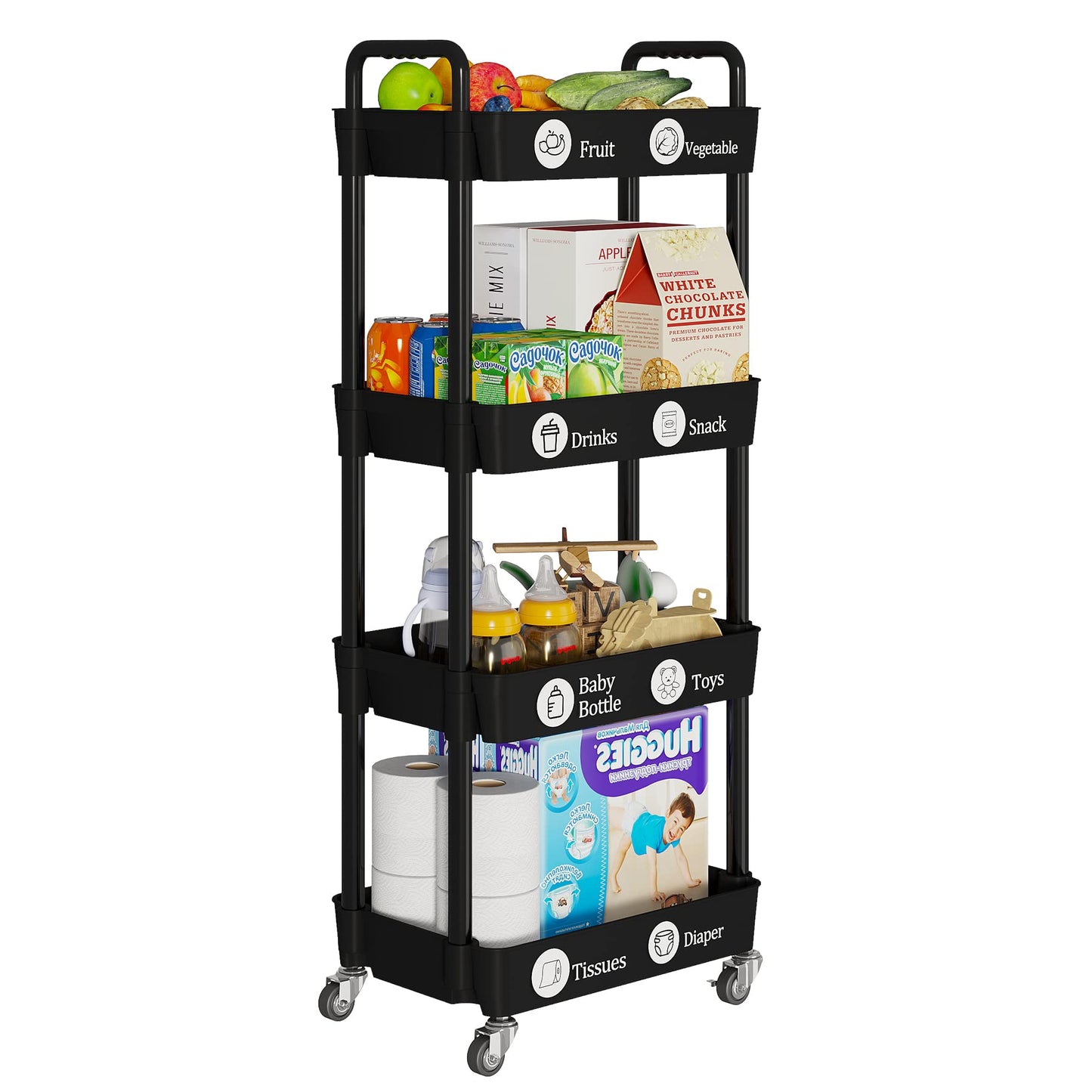 4 Tier Rolling Cart with Wheels, Utility Storage Carts,Black