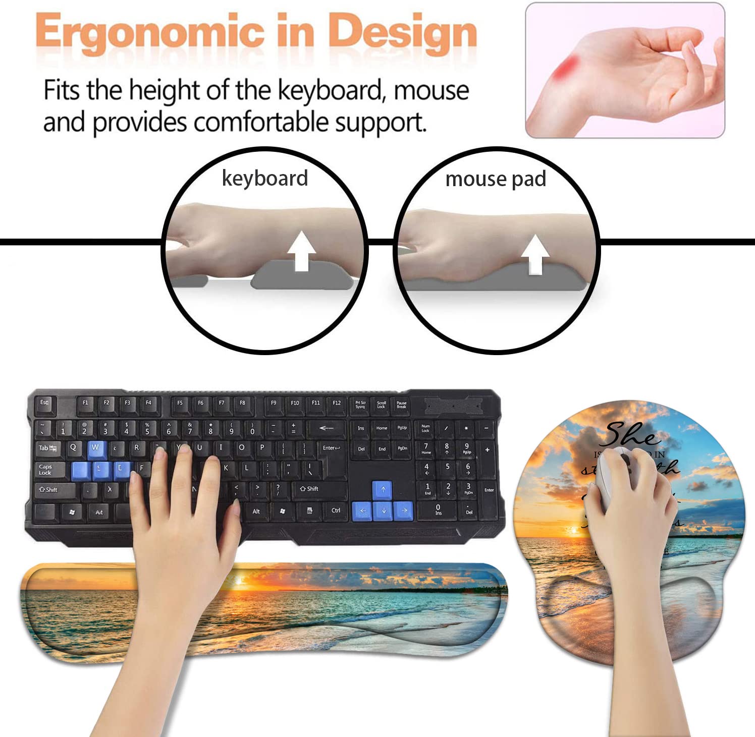 Keyboard Wrist Rest + Mouse Pad Wrist Support Set with Coasters, Non-Slip PU Base Ergonomic