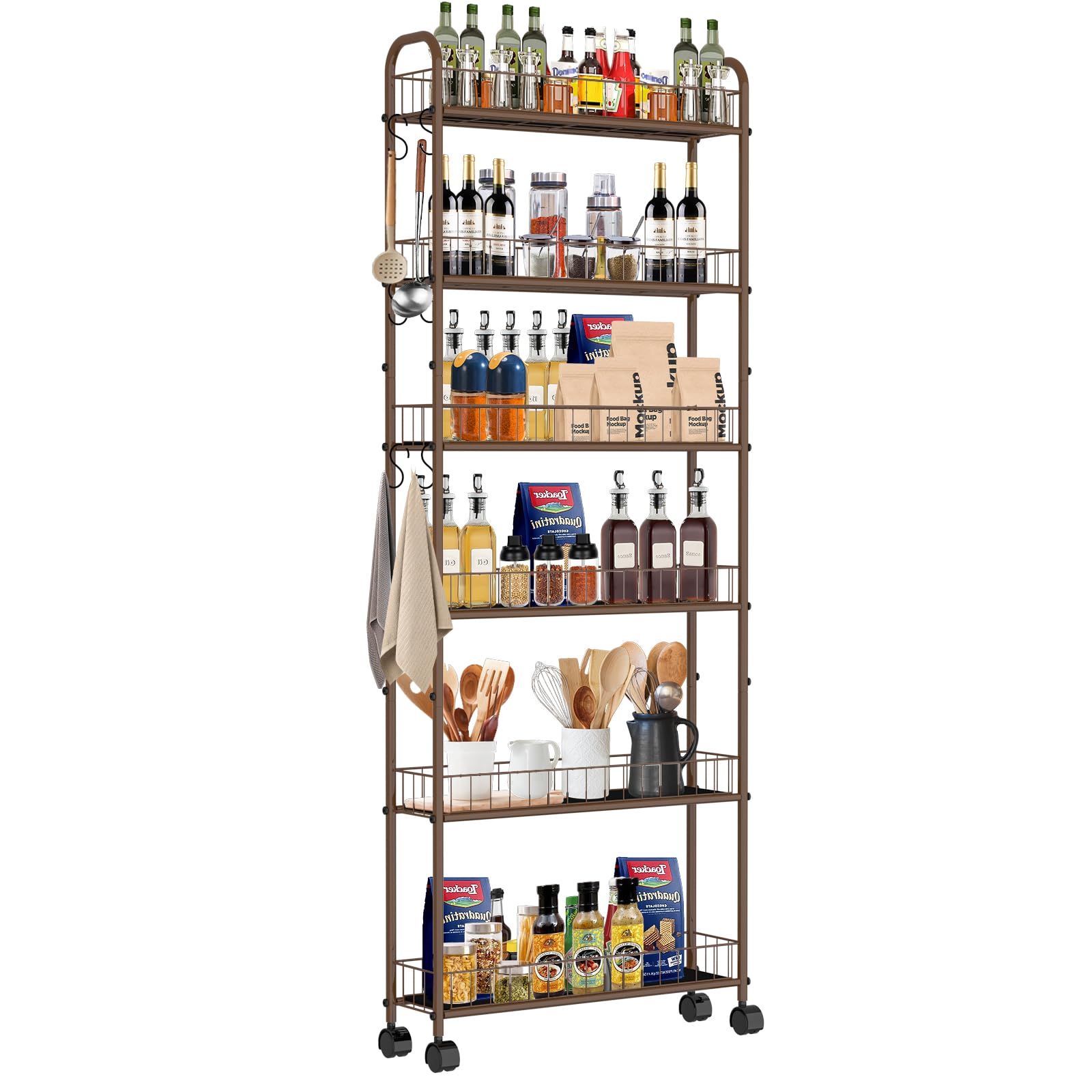RUOZTEOO 6in 6-Tier Slim Storage Cart with Wheels, Metal Narrow Rolling Shelf, Sturdy Slim Storage