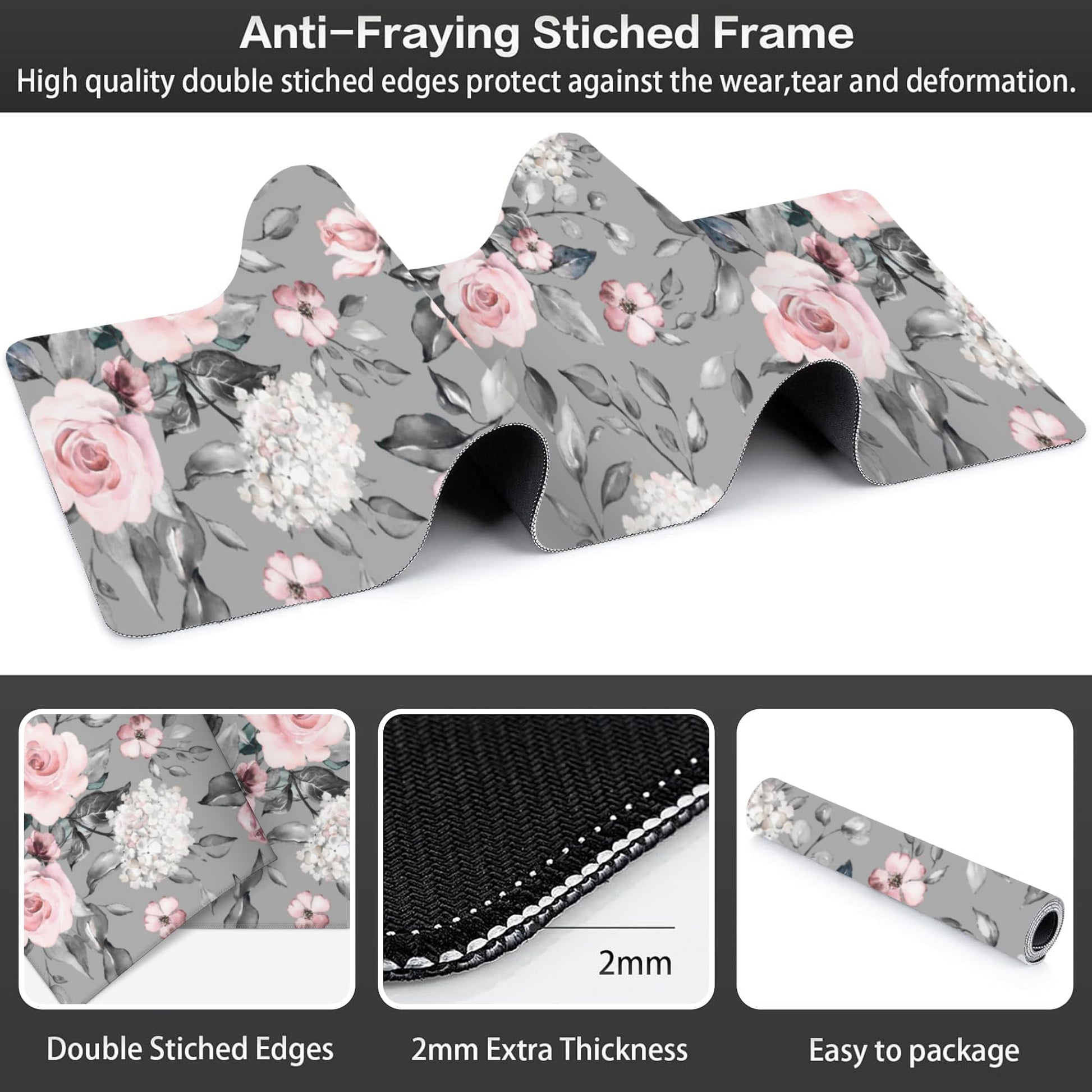 Pink Roses Desk Mat,Large Spring Blooming Flowers and Leaves Gaming Keyboard Mouse Pad,Non-Slip