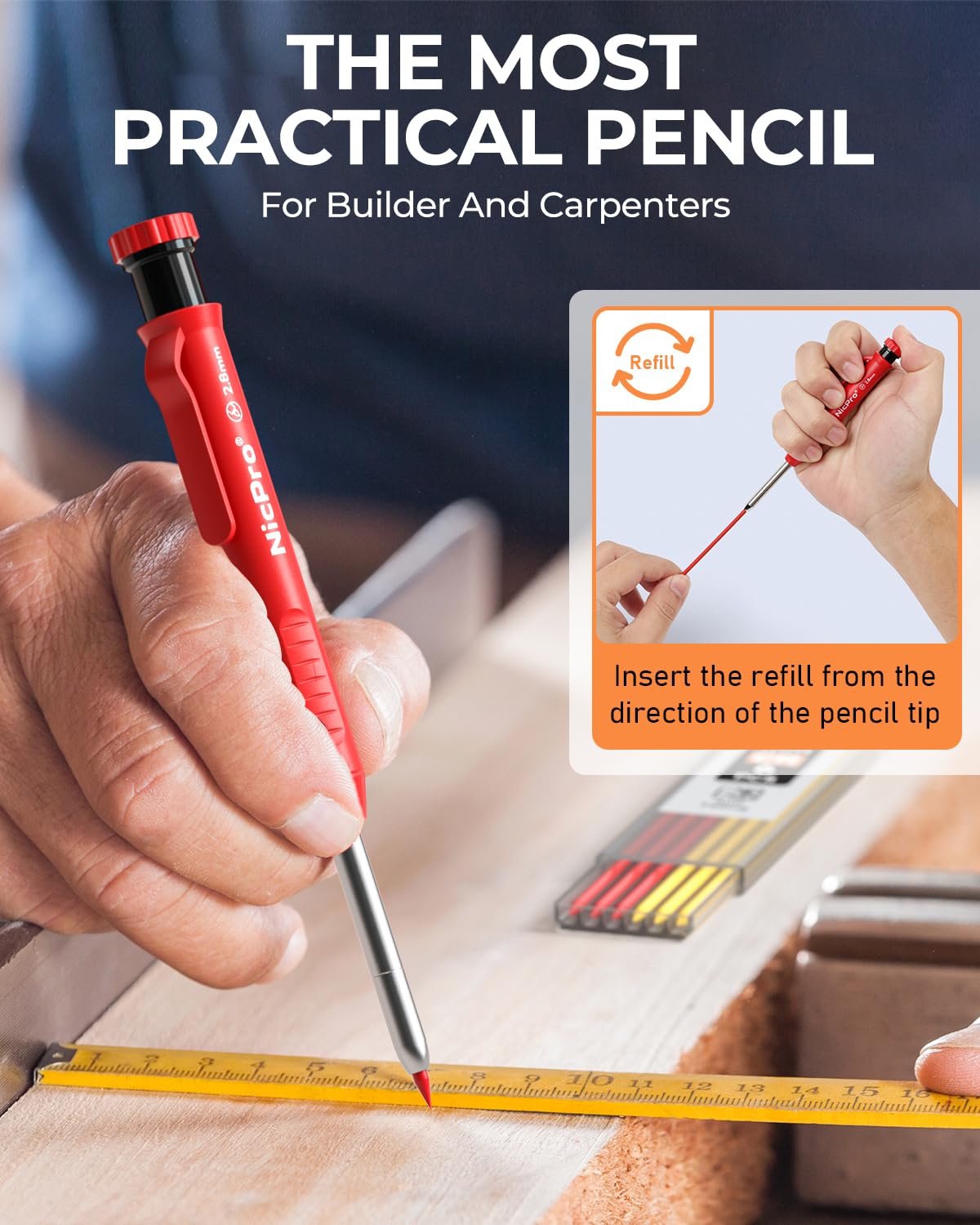 Nicpro Carpenter Pencil with Sharpener, 12Pcs Construction Pencil+52 Refill