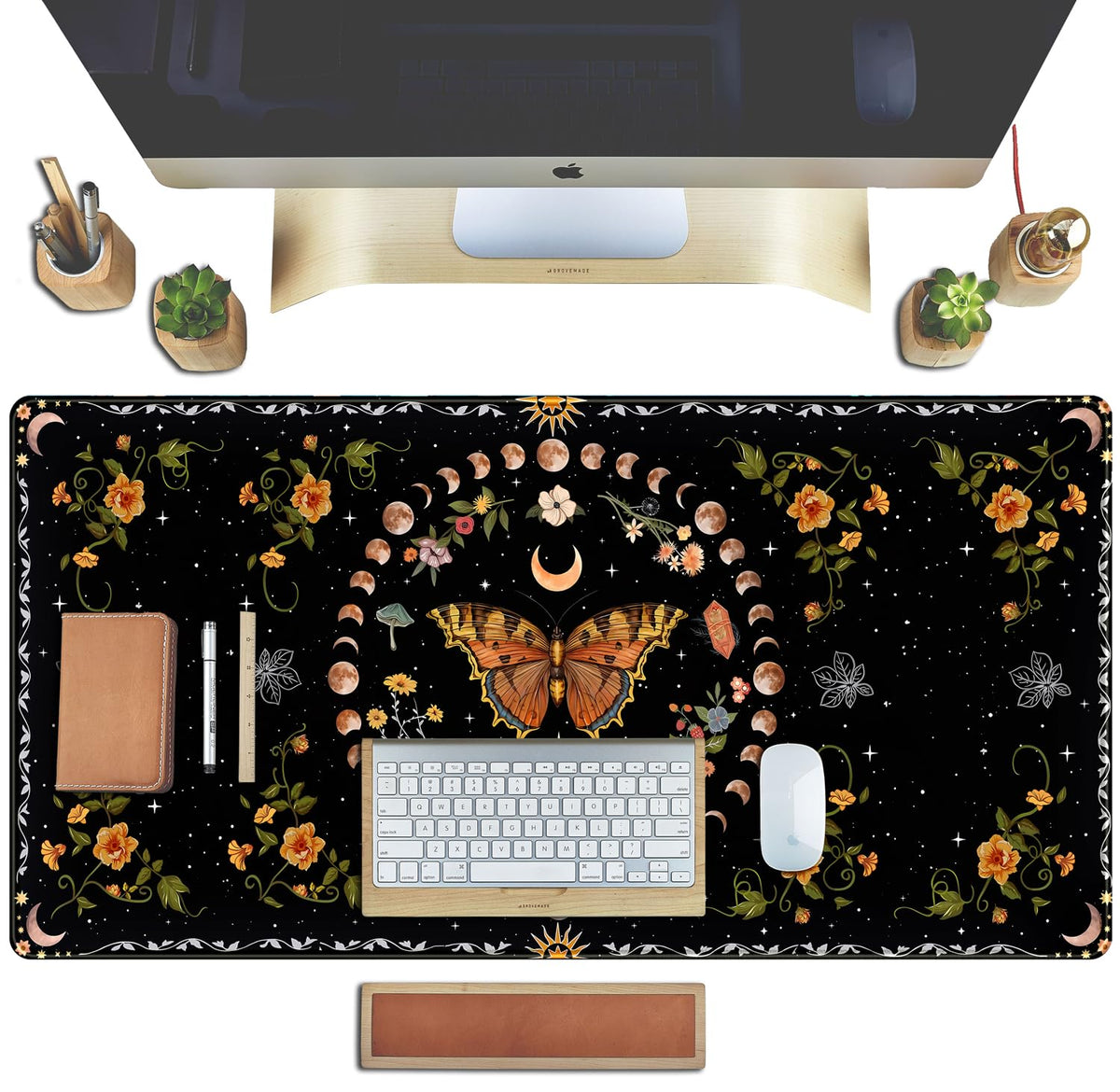 Moth Desk Pad Mushroom Phase Moon Phase Desk Mat, Boho Flowers and Leaves Computer Big Mouse Pad