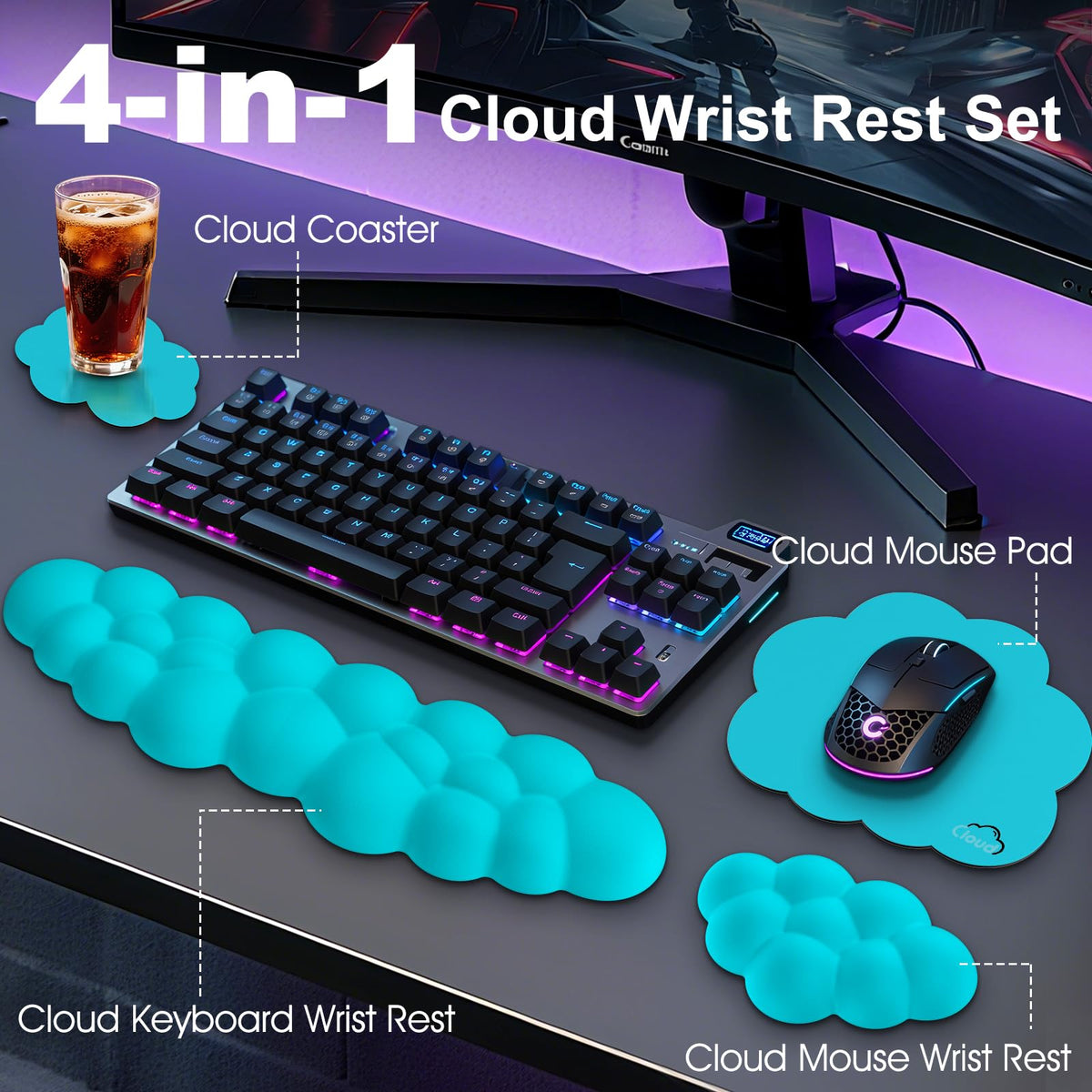 Retuhapy Cloud Wrist Rest Keyboard Cushion and Cloud Mouse Pad, Scuba Blue