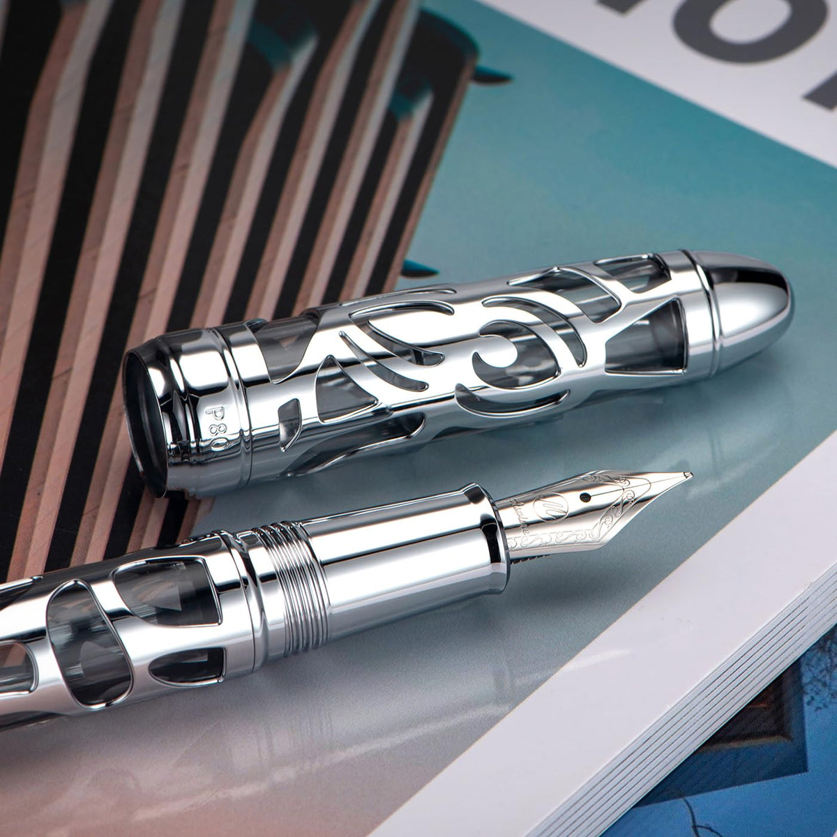 Asvine P80 Piston Filling Fountain Pen Fine Nib, Spider Skeleton Transparent Gray Acrylic Pen Case