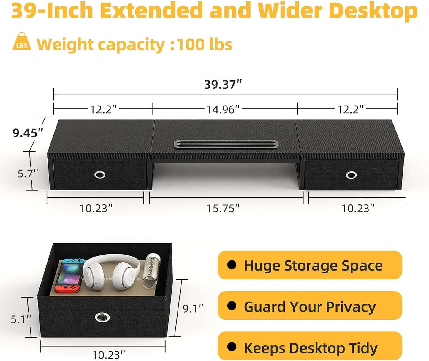 Mexin 39" Dual Monitor Stand Riser with 2 Storage Drawers, Carbon Fiber Computer Desk Organizer for