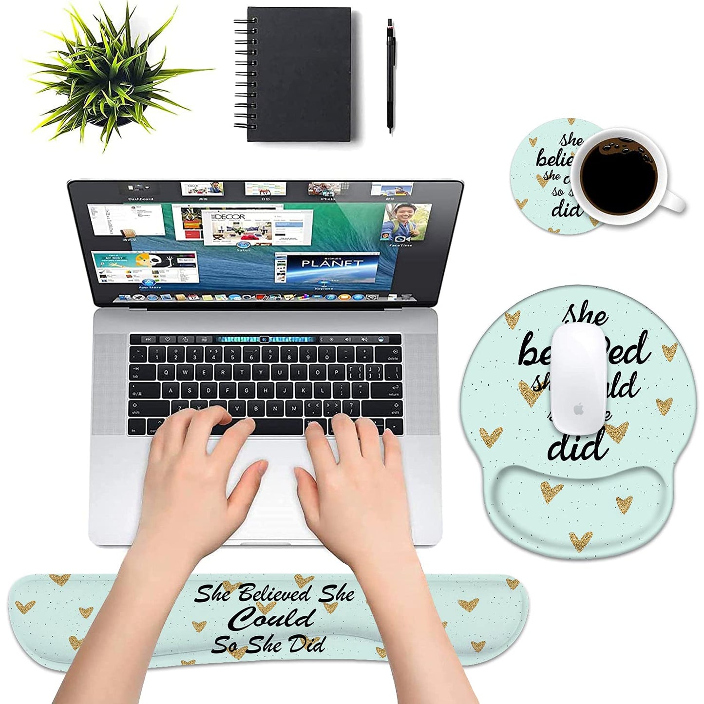 Keyboard Wrist Rest and Mouse Pad Wrist Rest Support Set with Coasters, She Believed She Could So